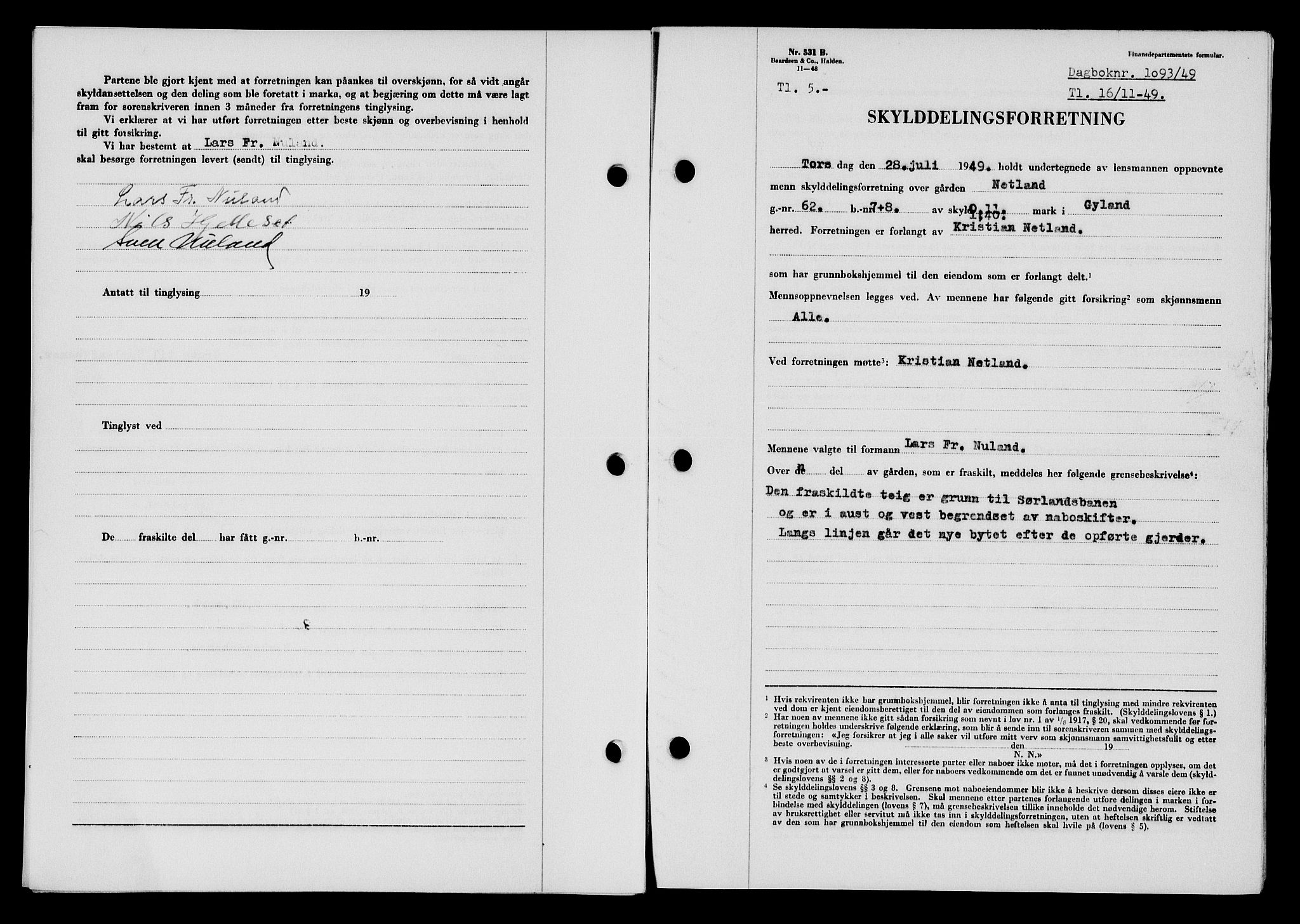 Flekkefjord sorenskriveri, SAK/1221-0001/G/Gb/Gba/L0065: Mortgage book no. A-13, 1949-1949, Diary no: : 1093/1949