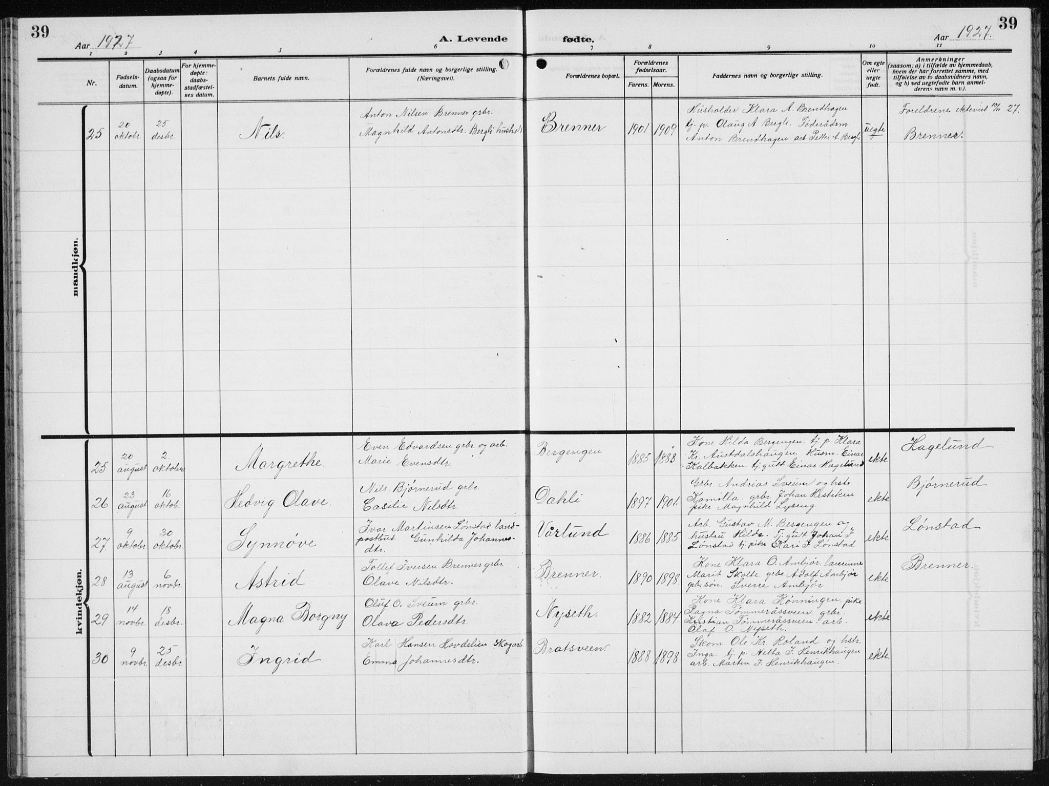 Biri prestekontor, SAH/PREST-096/H/Ha/Hab/L0007: Parish register (copy) no. 7, 1919-1941, p. 39