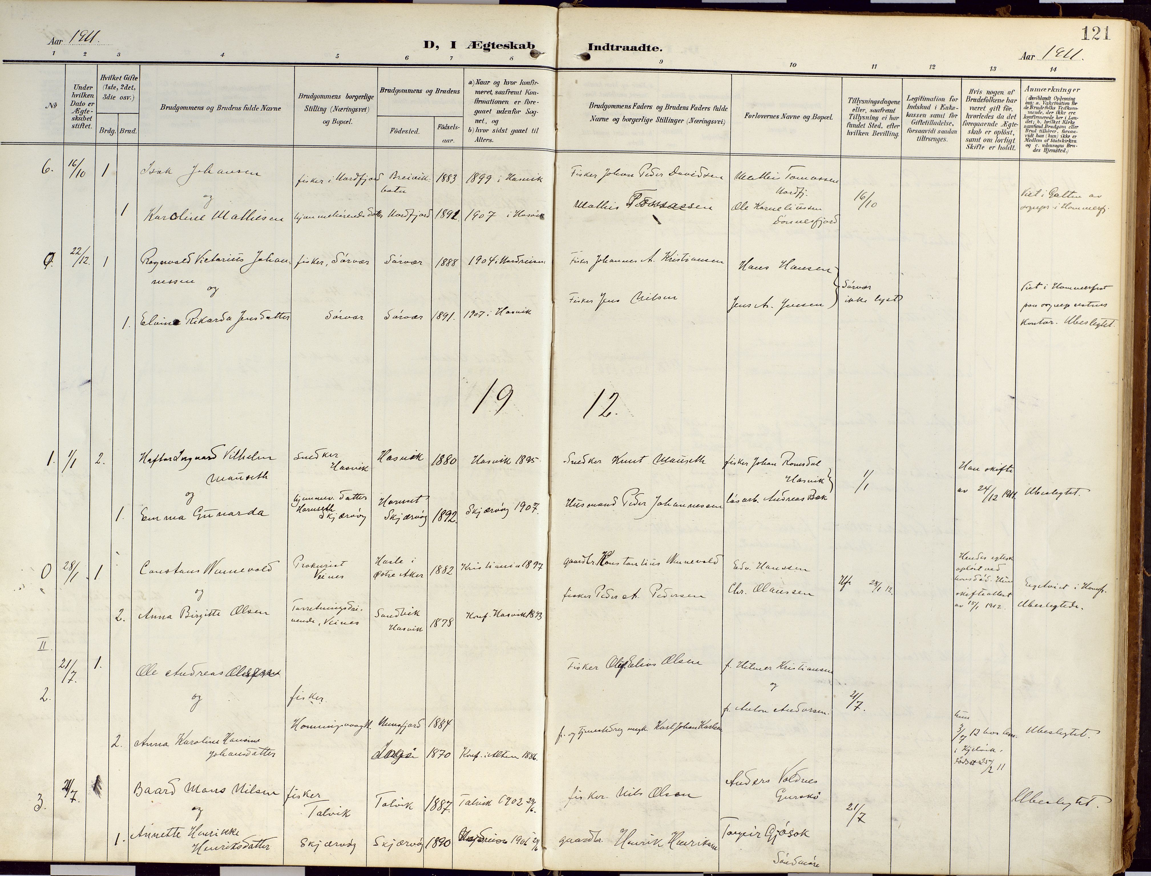 Loppa sokneprestkontor, SATØ/S-1339/H/Ha/L0010kirke: Parish register (official) no. 10, 1907-1922, p. 121