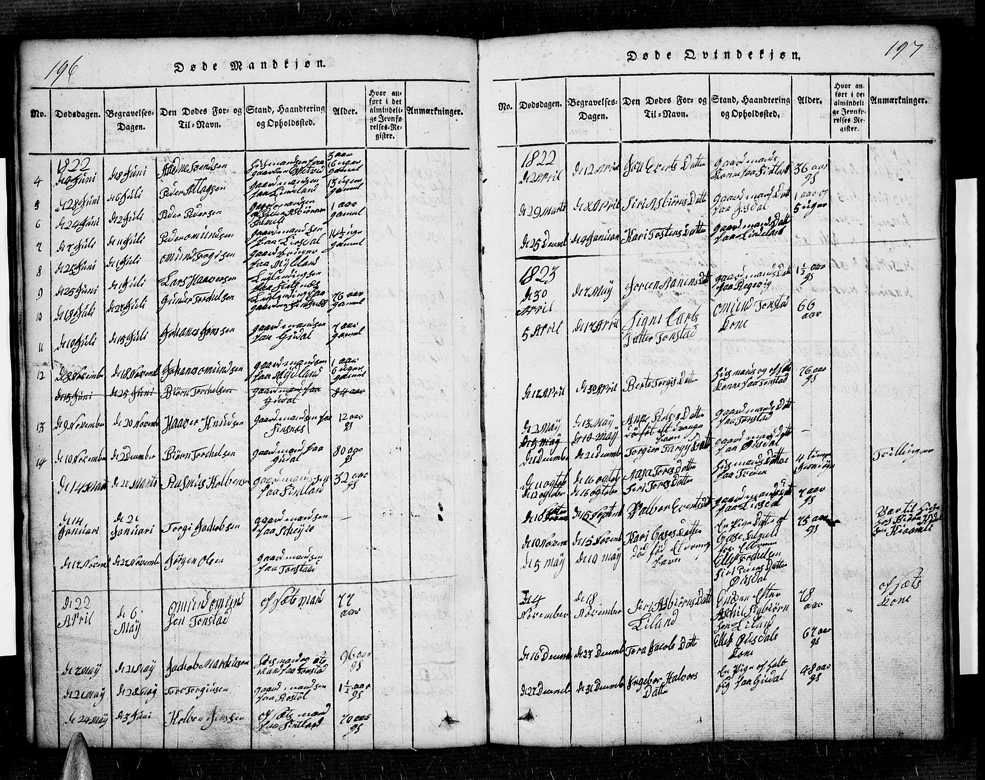 Sirdal sokneprestkontor, AV/SAK-1111-0036/F/Fb/Fbb/L0001: Parish register (copy) no. B 1, 1815-1834, p. 196-197