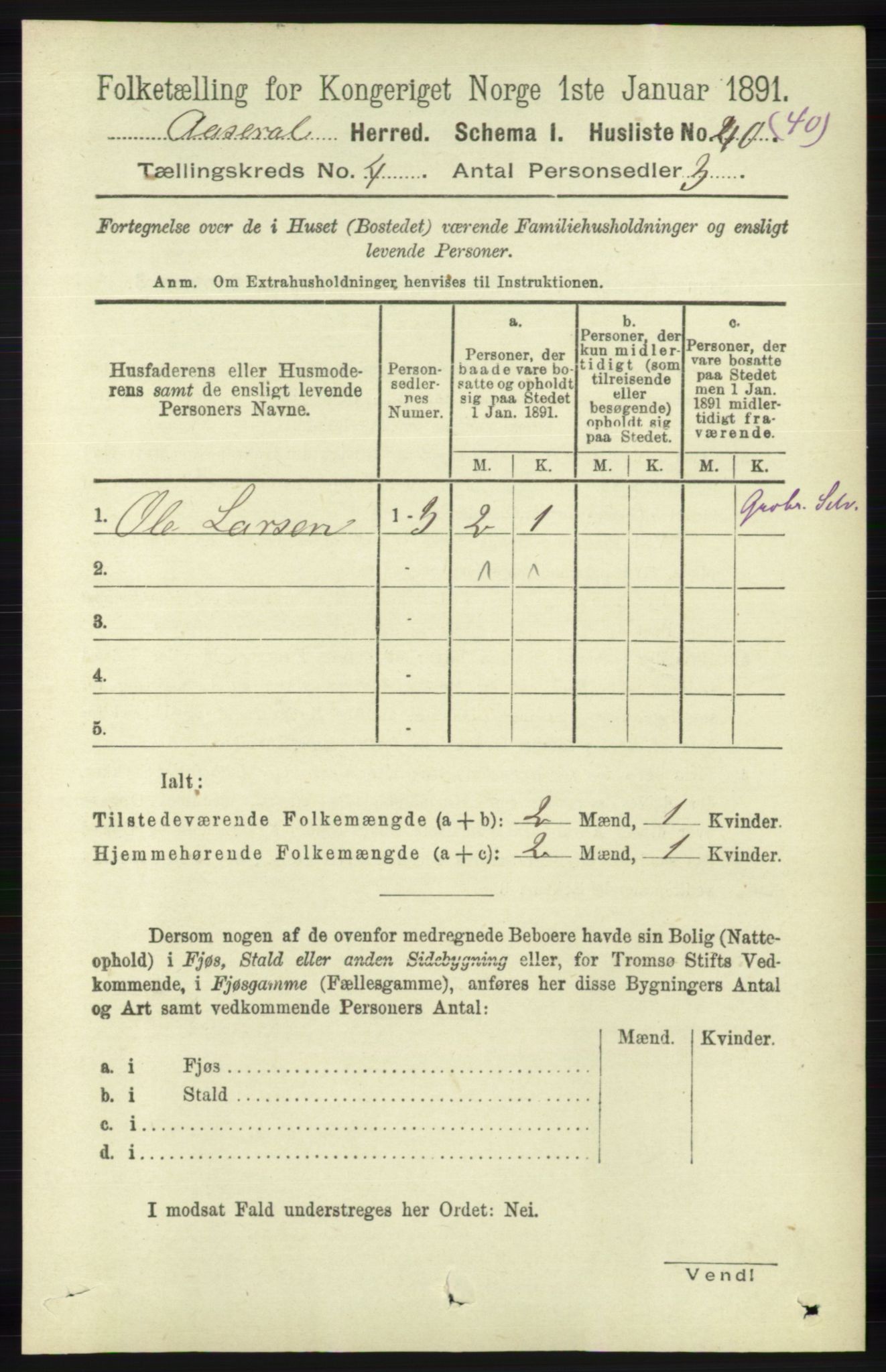 RA, 1891 census for 1026 Åseral, 1891, p. 1161