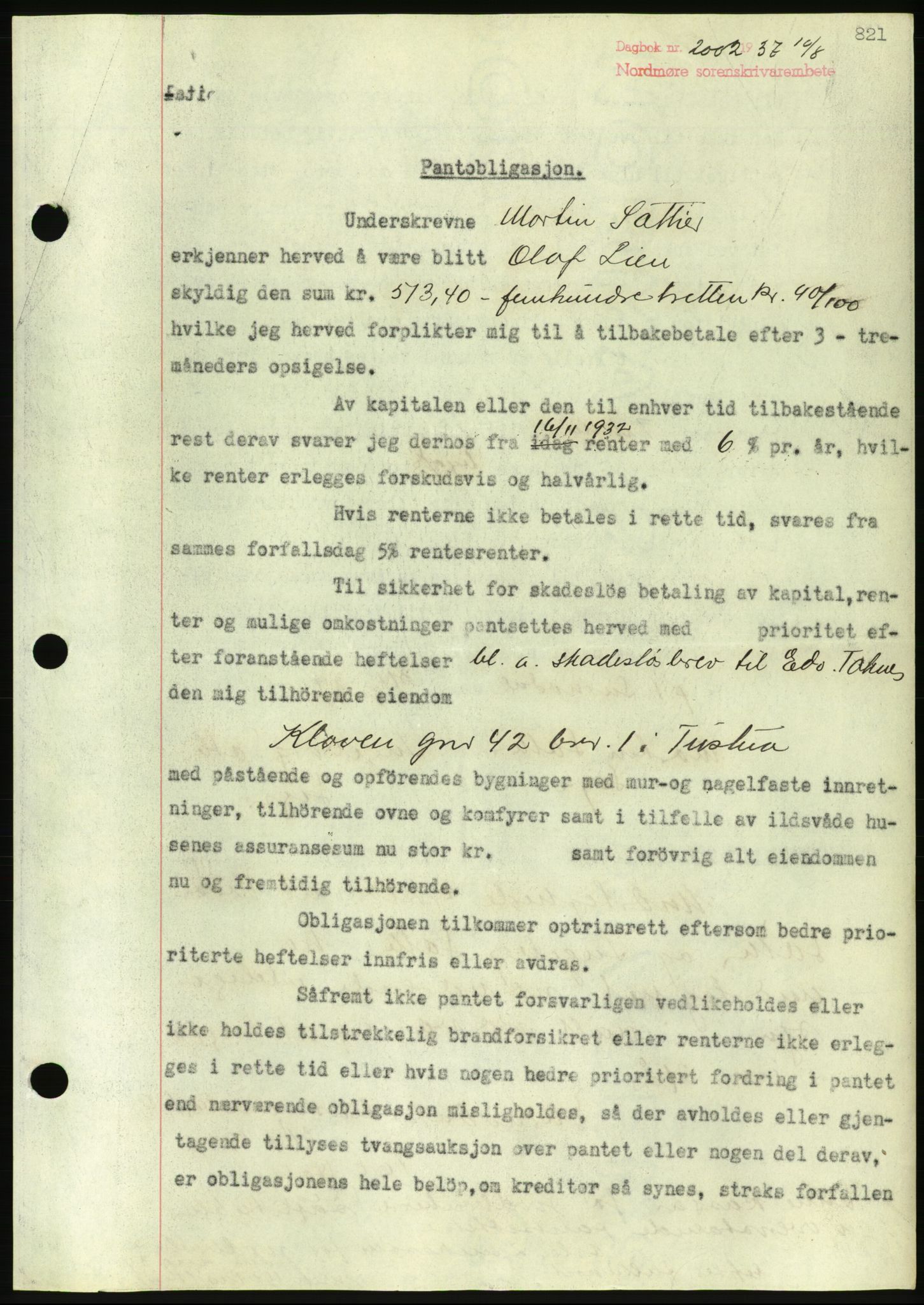 Nordmøre sorenskriveri, AV/SAT-A-4132/1/2/2Ca/L0091: Mortgage book no. B81, 1937-1937, Diary no: : 2002/1937