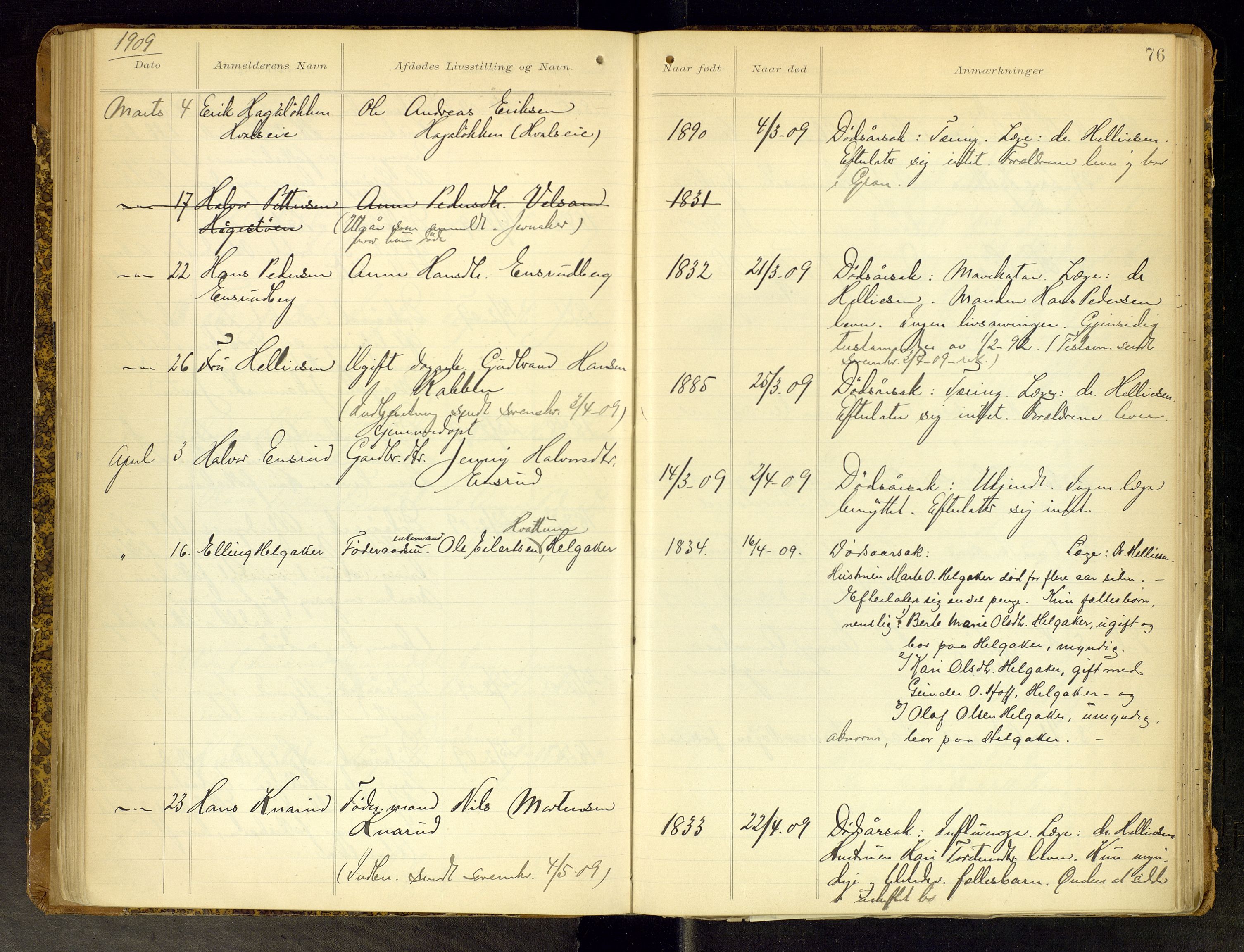 Gran lensmannskontor, AV/SAH-LOG-010/H/Ha/L0002: Dødsfallsprotokoll, 1899-1917, p. 76