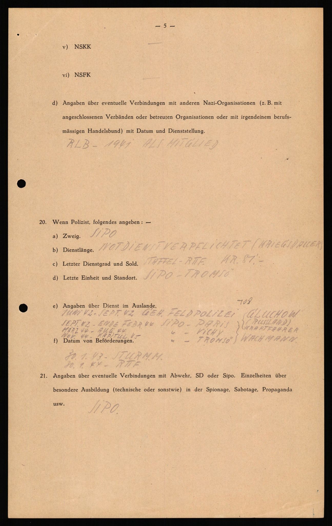 Forsvaret, Forsvarets overkommando II, RA/RAFA-3915/D/Db/L0031: CI Questionaires. Tyske okkupasjonsstyrker i Norge. Tyskere., 1945-1946, p. 274