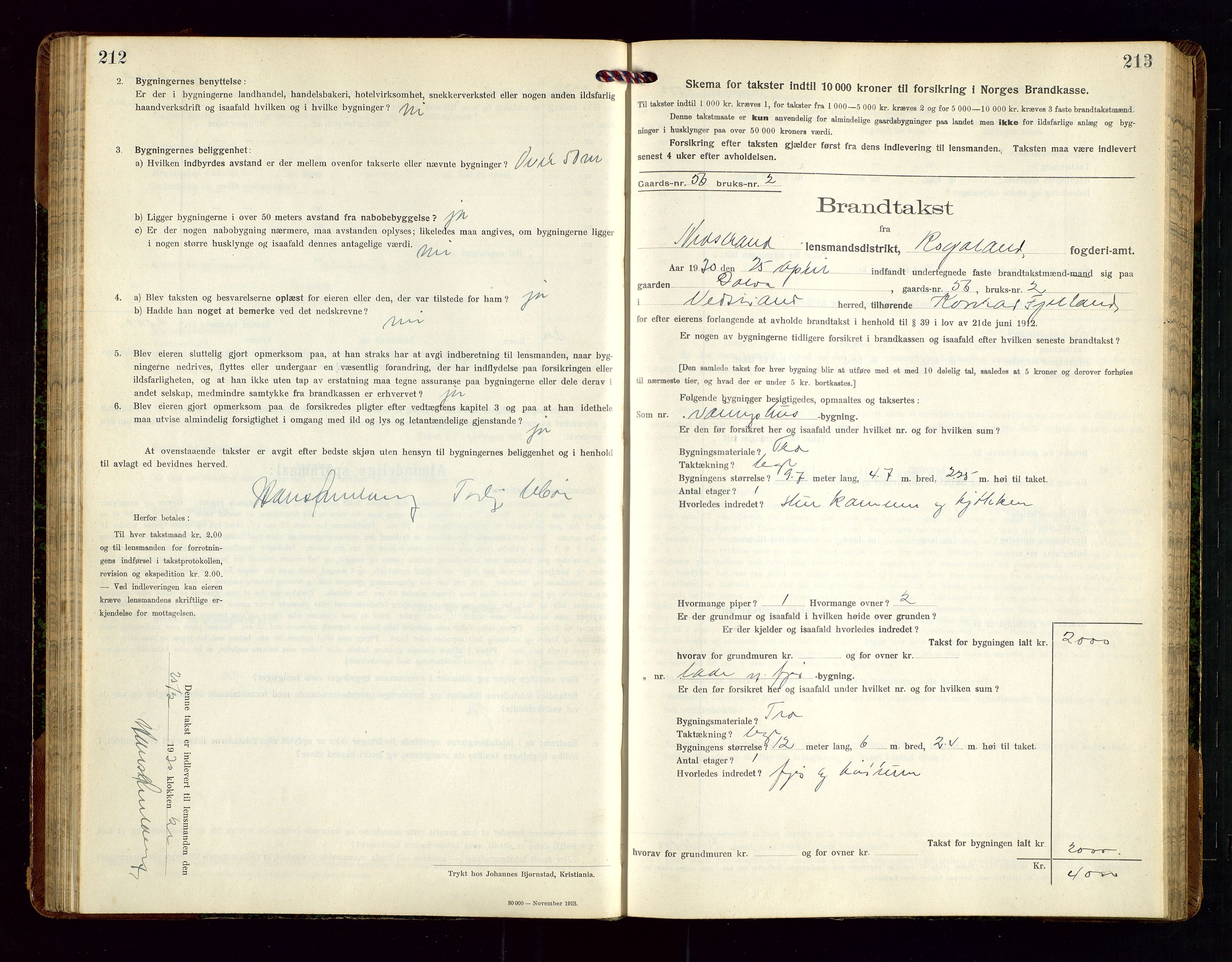 Nedstrand lensmannskontor, SAST/A-100236/Gob/L0002: "Brandtakstprotokol for Nerstrand lensmandsdistrikt Rogaland Fylke", 1916-1949, p. 212-213