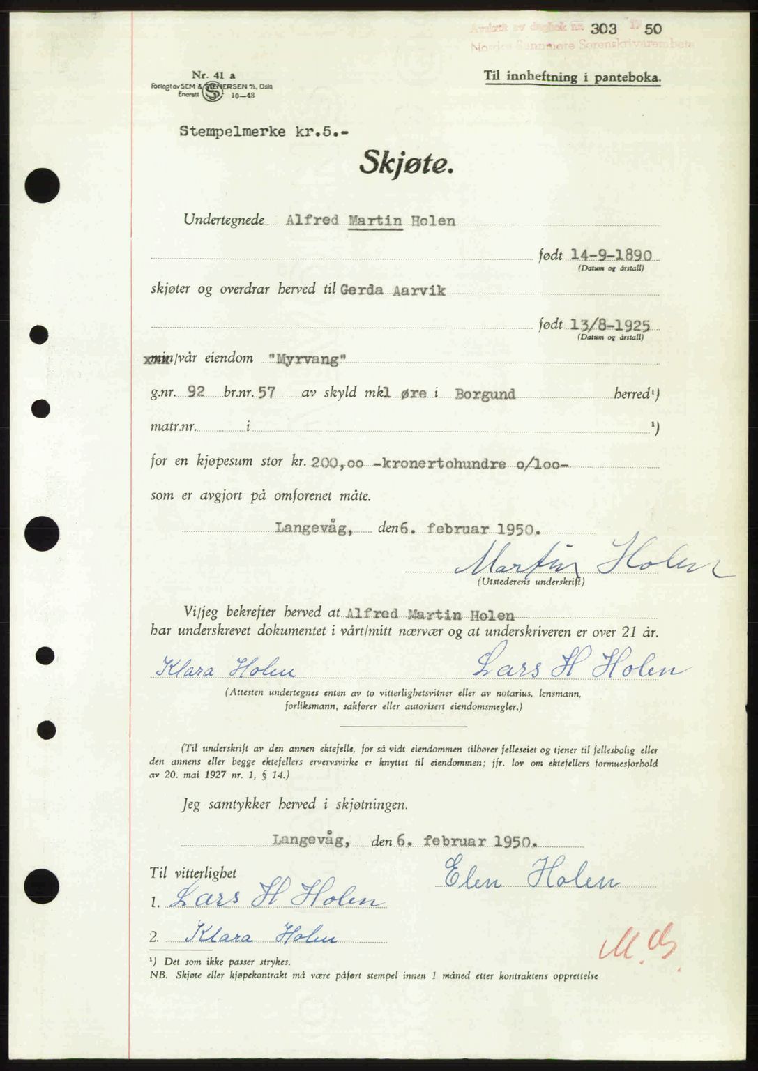 Nordre Sunnmøre sorenskriveri, AV/SAT-A-0006/1/2/2C/2Ca: Mortgage book no. A33, 1949-1950, Diary no: : 303/1950