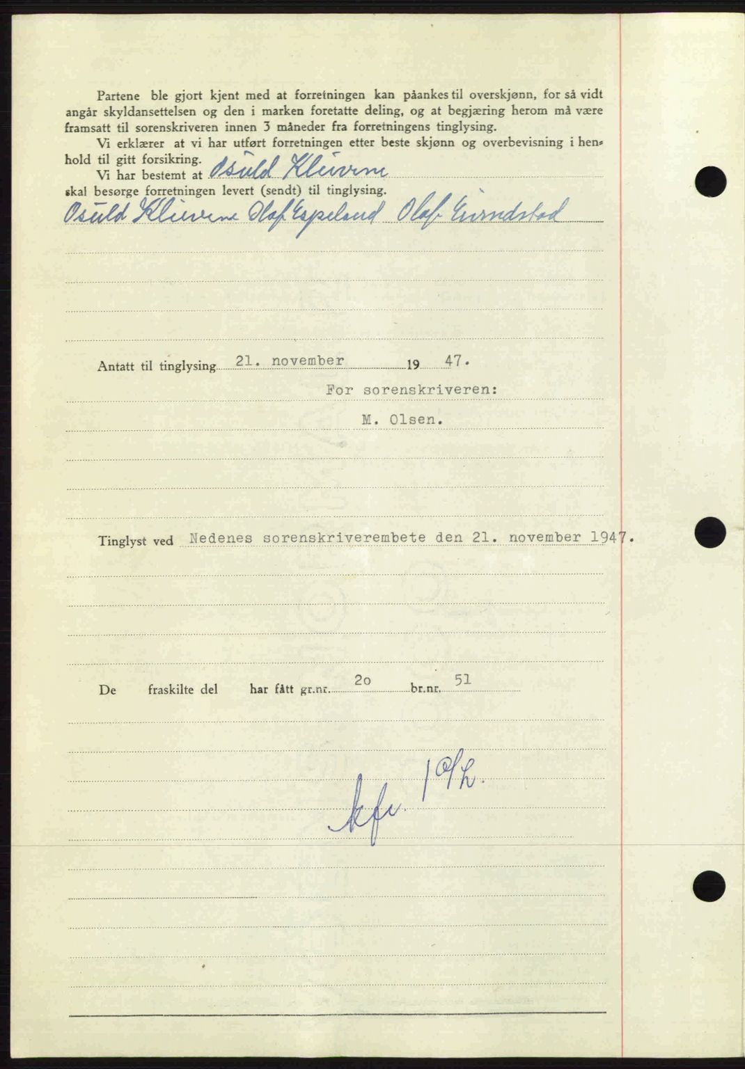 Nedenes sorenskriveri, AV/SAK-1221-0006/G/Gb/Gba/L0058: Mortgage book no. A10, 1947-1948, Diary no: : 1726/1947