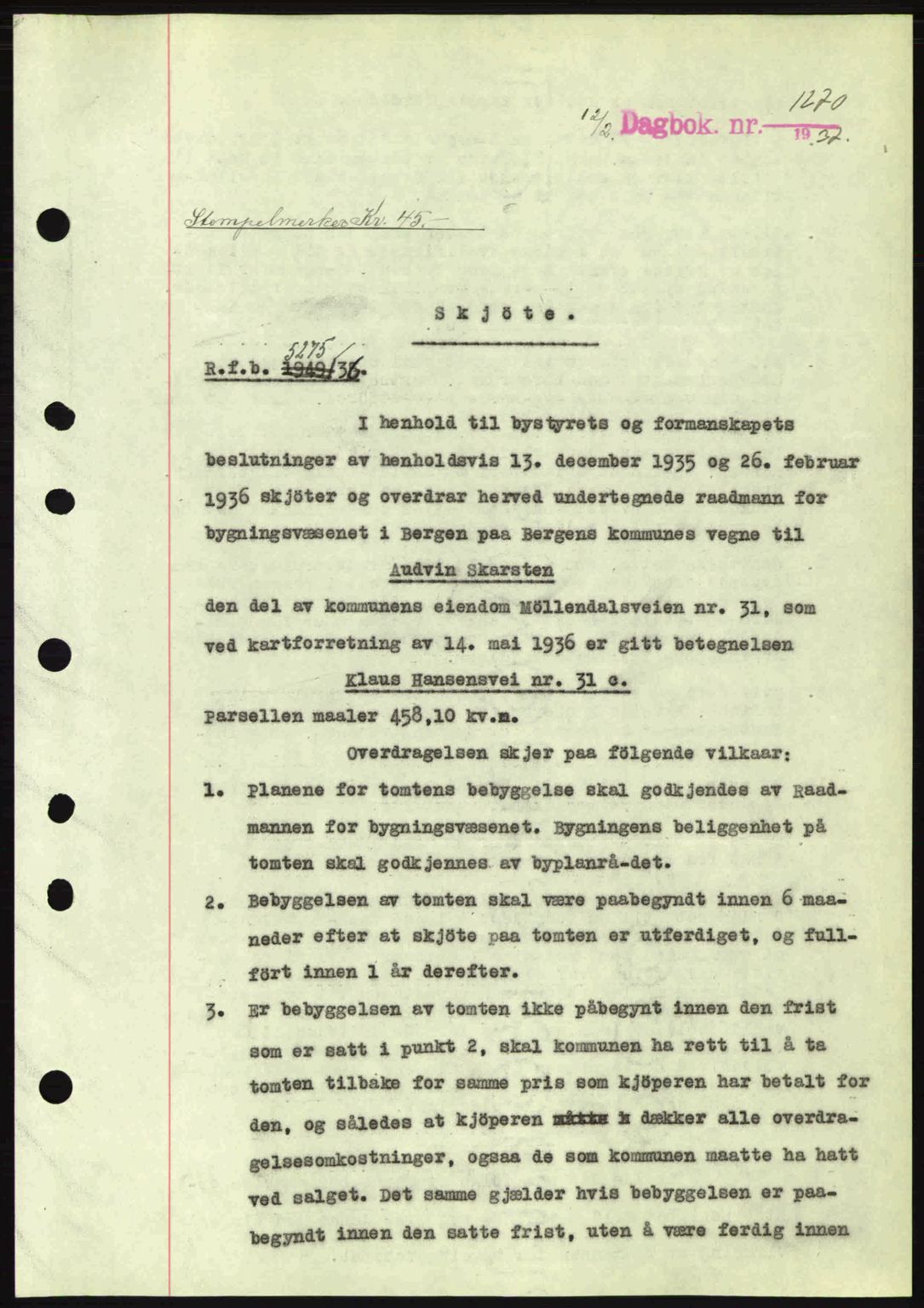 Byfogd og Byskriver i Bergen, SAB/A-3401/03/03Bc/L0004: Mortgage book no. A3-4, 1936-1937, Diary no: : 1270/1937