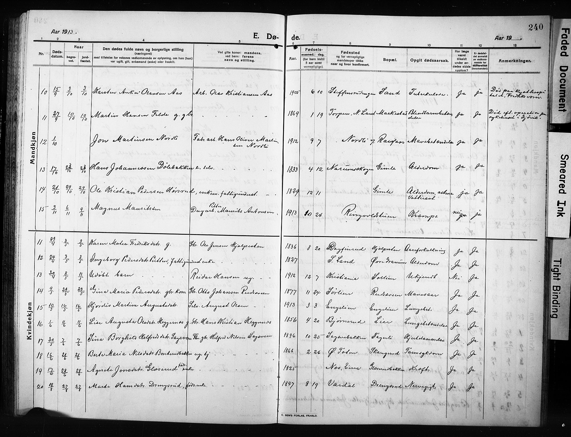 Vestre Toten prestekontor, AV/SAH-PREST-108/H/Ha/Hab/L0012: Parish register (copy) no. 12, 1909-1928, p. 240