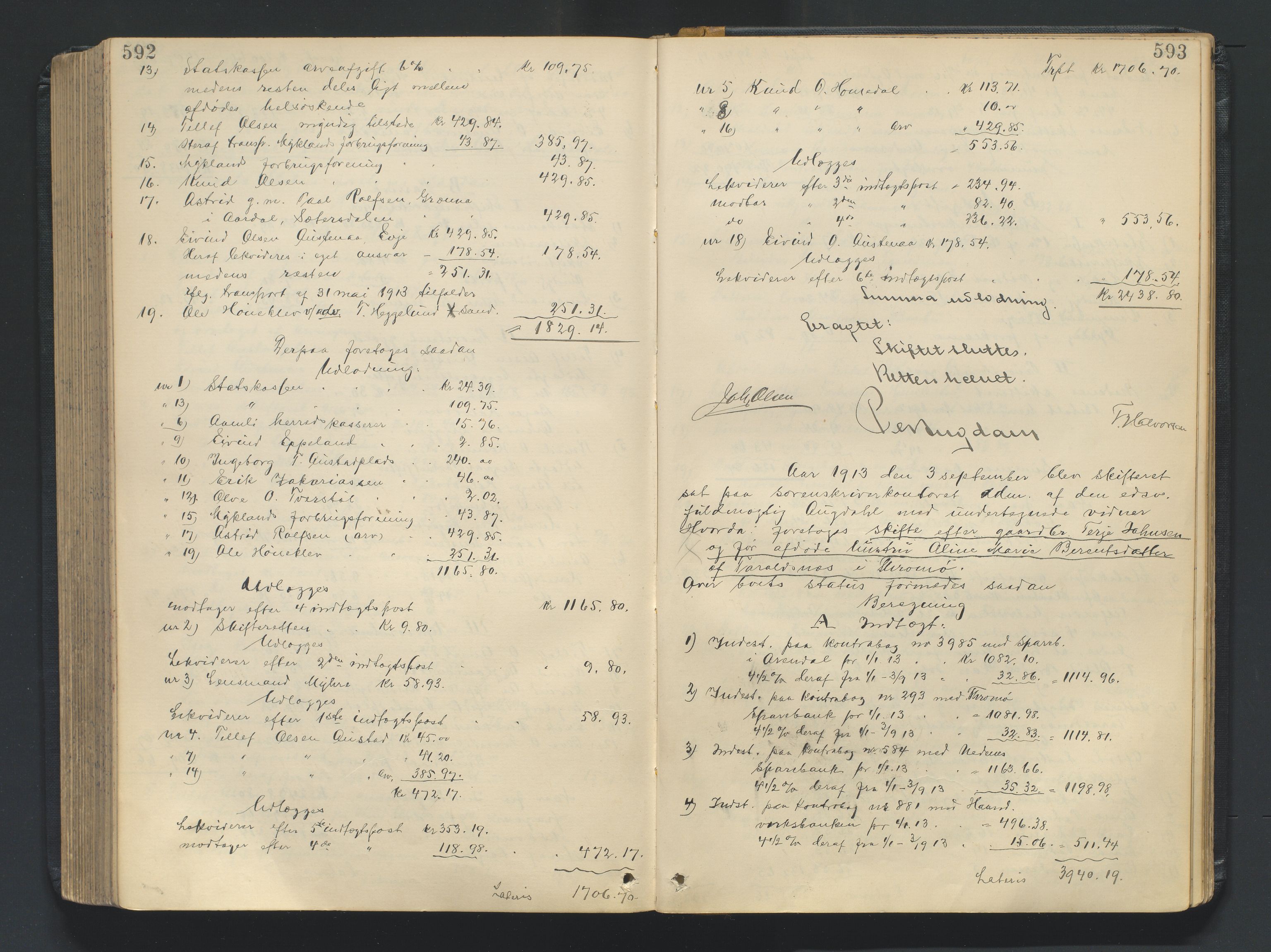 Nedenes sorenskriveri, AV/SAK-1221-0006/H/Hc/L0020: Skifteutlodningsprotokoll nr 6 med register, 1904-1913, p. 592-593