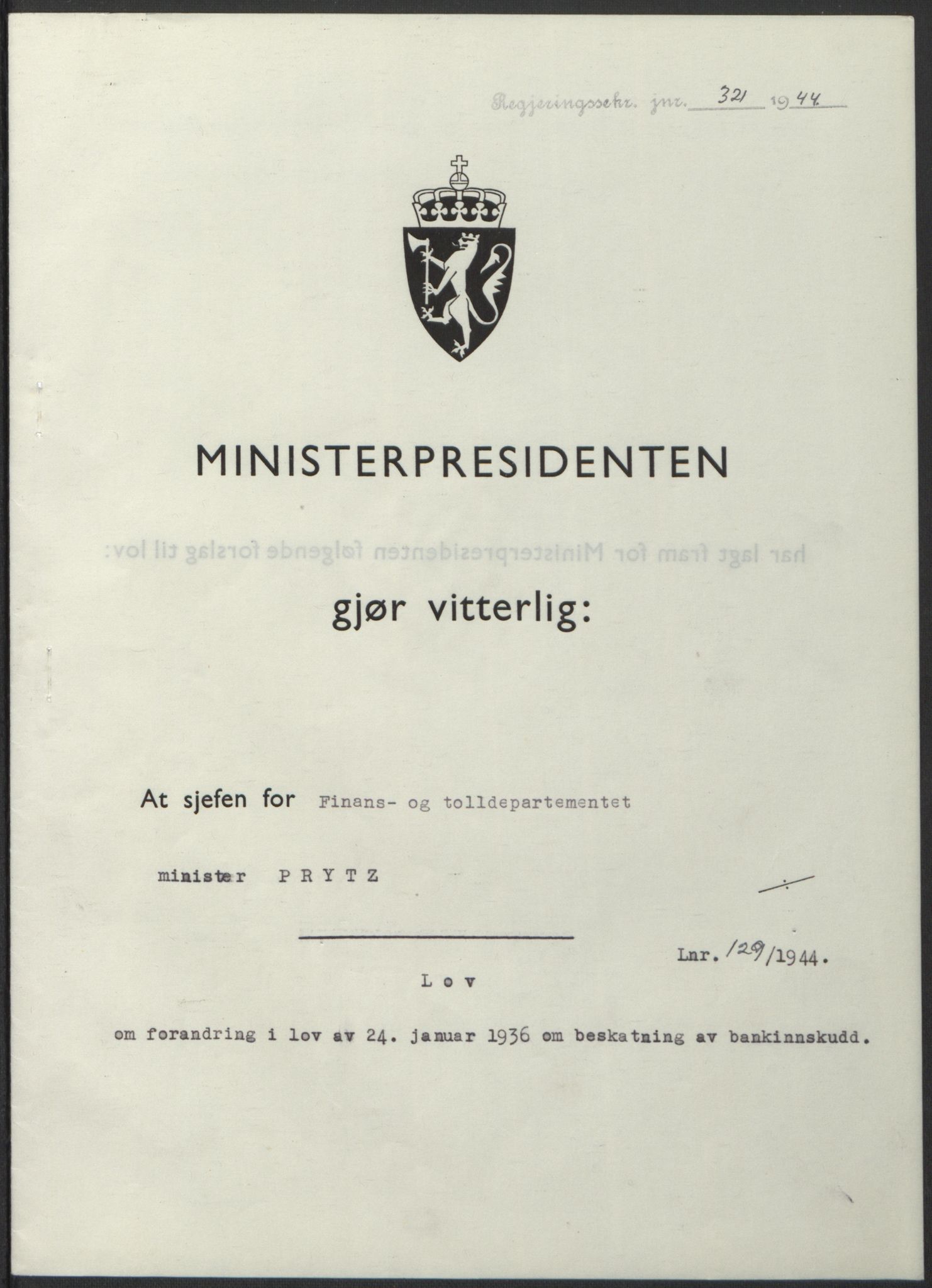 NS-administrasjonen 1940-1945 (Statsrådsekretariatet, de kommisariske statsråder mm), RA/S-4279/D/Db/L0100: Lover, 1944, p. 615