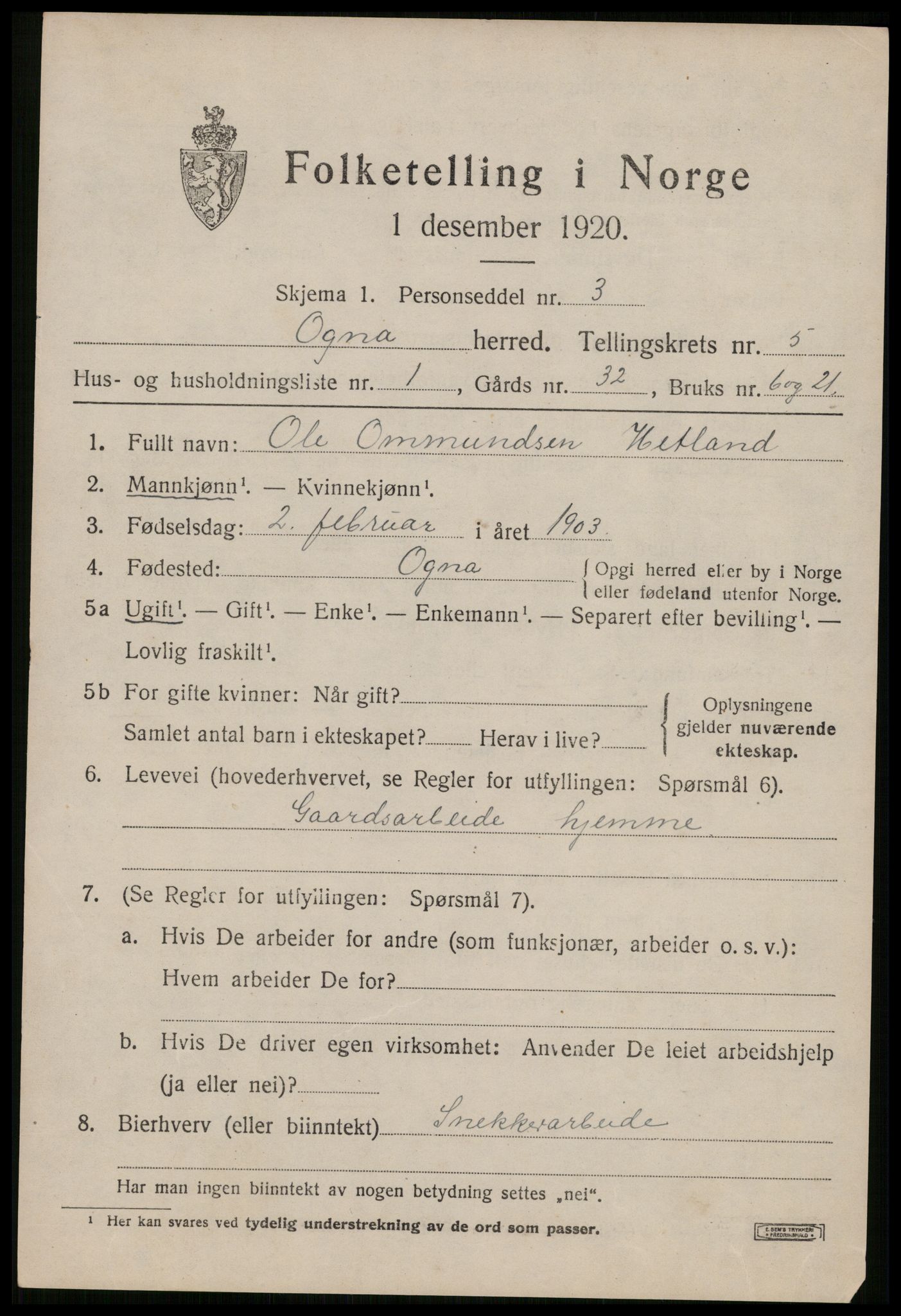 SAST, 1920 census for Ogna, 1920, p. 3009