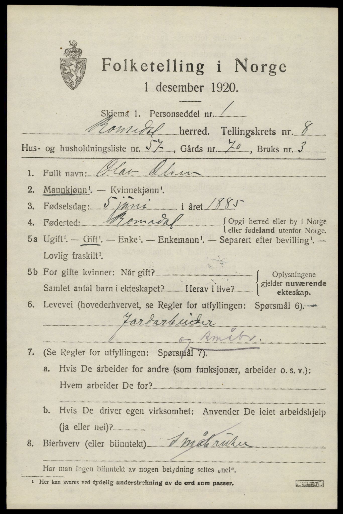 SAH, 1920 census for Romedal, 1920, p. 10341