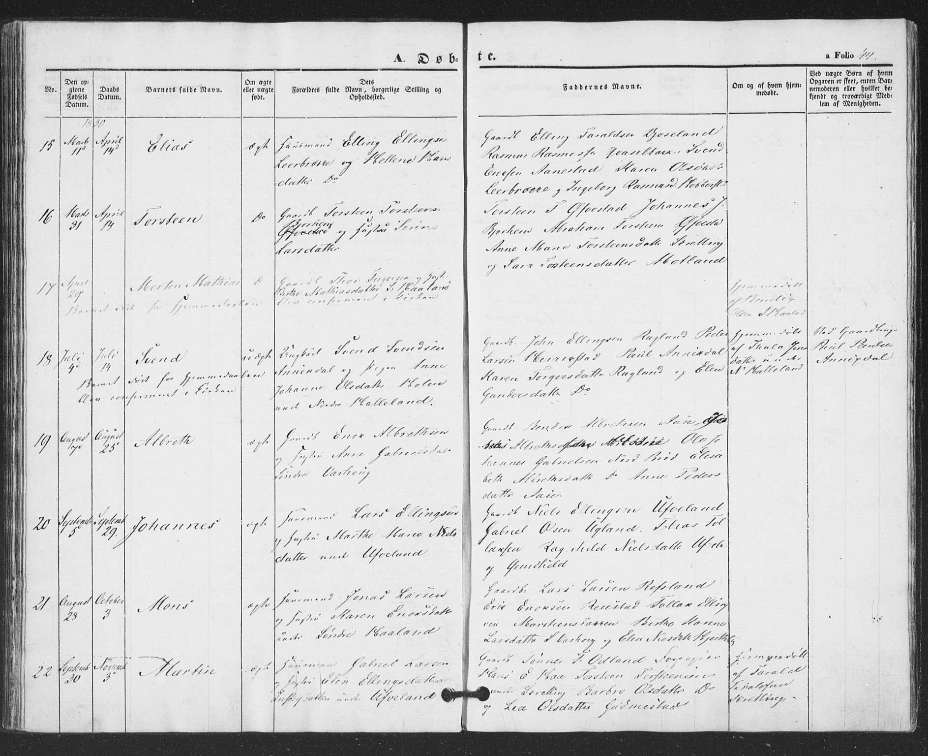 Hå sokneprestkontor, AV/SAST-A-101801/001/30BA/L0007: Parish register (official) no. A 6, 1842-1855, p. 44