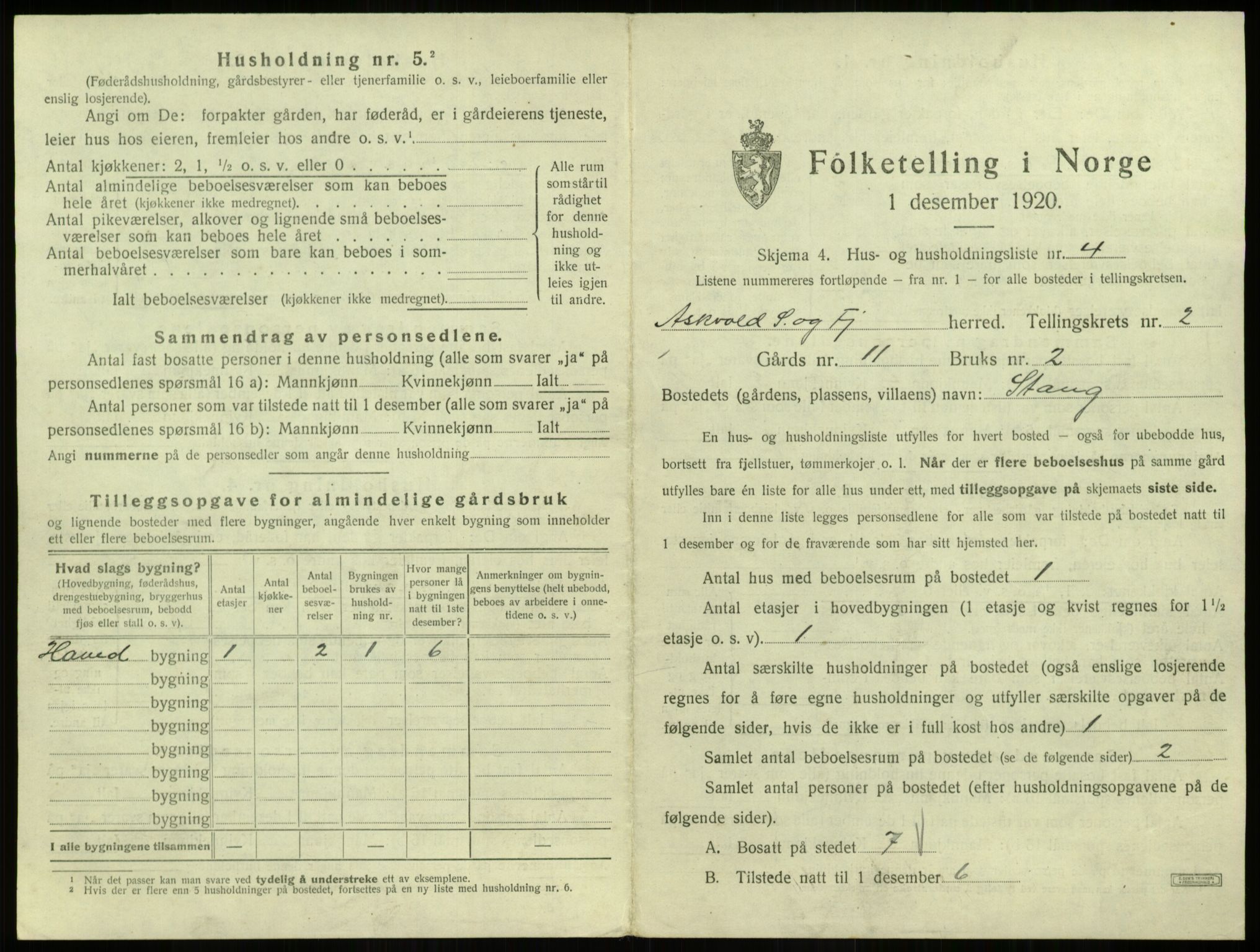 SAB, 1920 census for Askvoll, 1920, p. 156