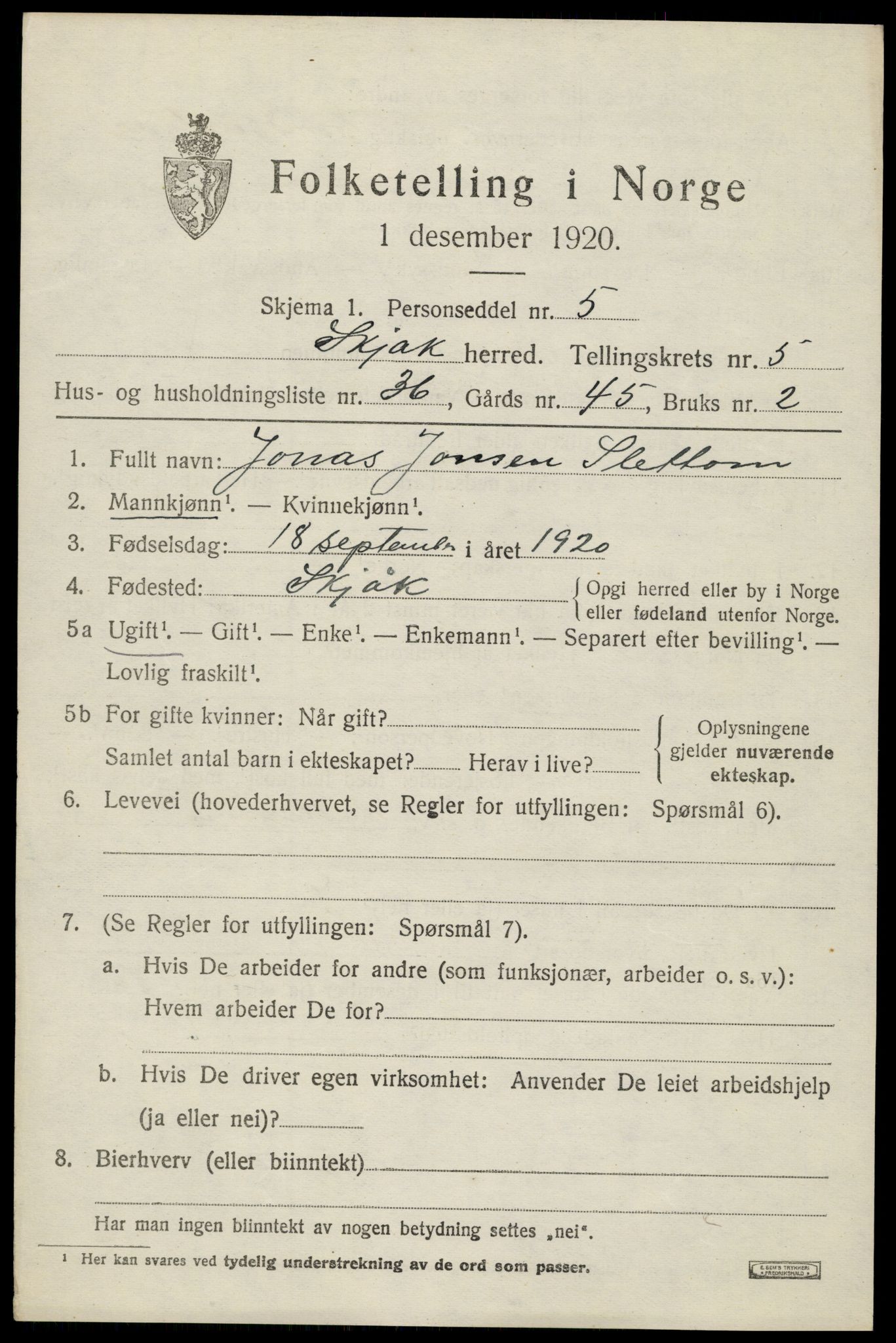 SAH, 1920 census for Skjåk, 1920, p. 2978