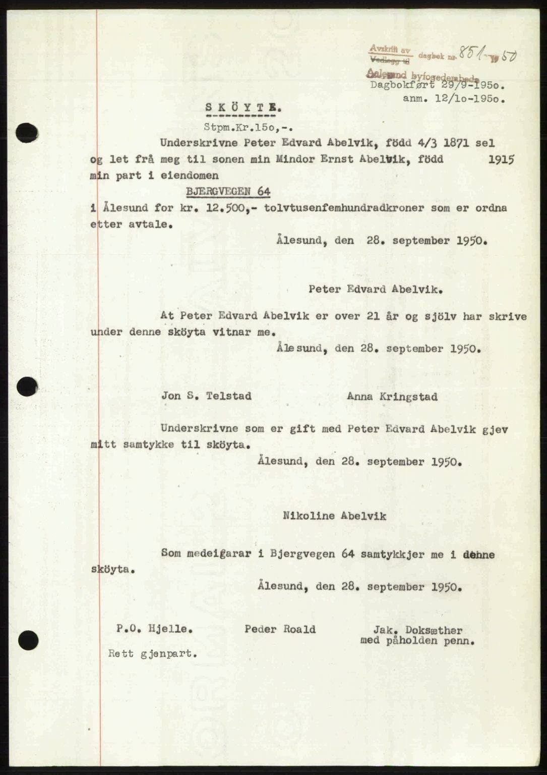 Ålesund byfogd, AV/SAT-A-4384: Mortgage book no. 37A (2), 1949-1950, Diary no: : 851/1950