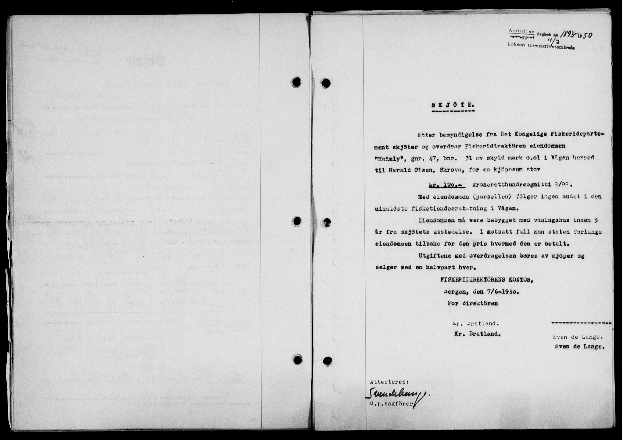 Lofoten sorenskriveri, SAT/A-0017/1/2/2C/L0024a: Mortgage book no. 24a, 1950-1950, Diary no: : 1893/1950