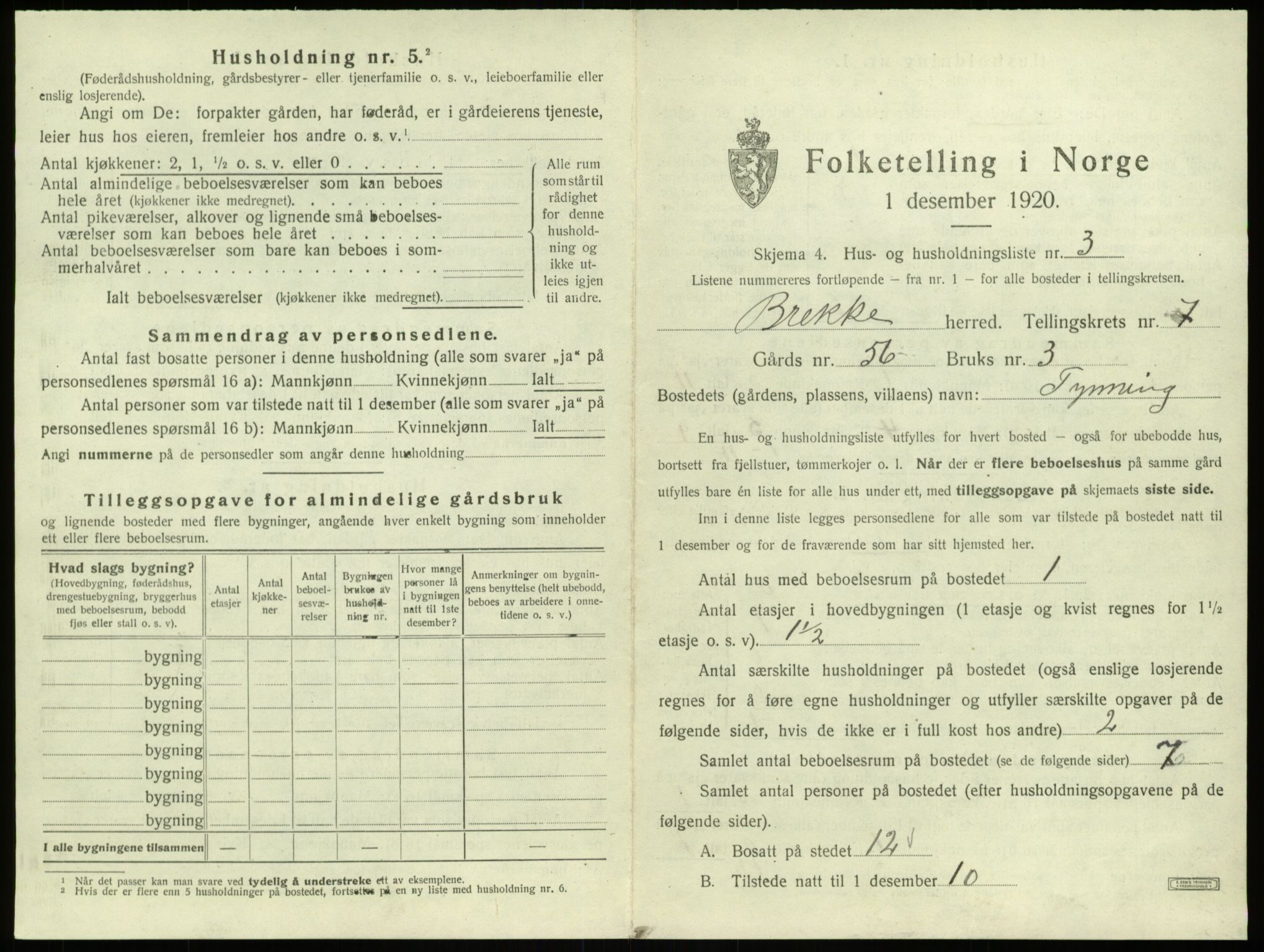 SAB, 1920 census for Brekke, 1920, p. 203