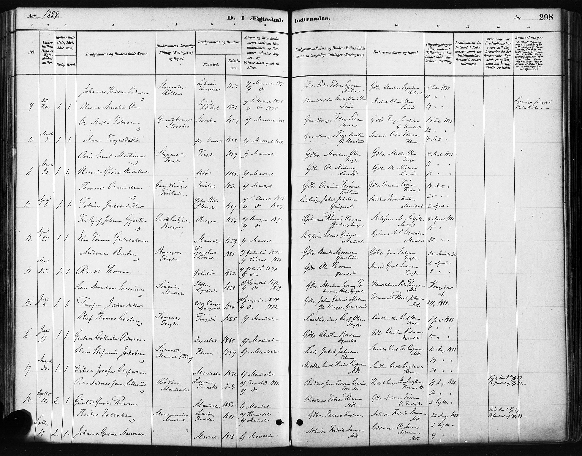 Mandal sokneprestkontor, AV/SAK-1111-0030/F/Fa/Faa/L0016: Parish register (official) no. A 16, 1880-1890, p. 298