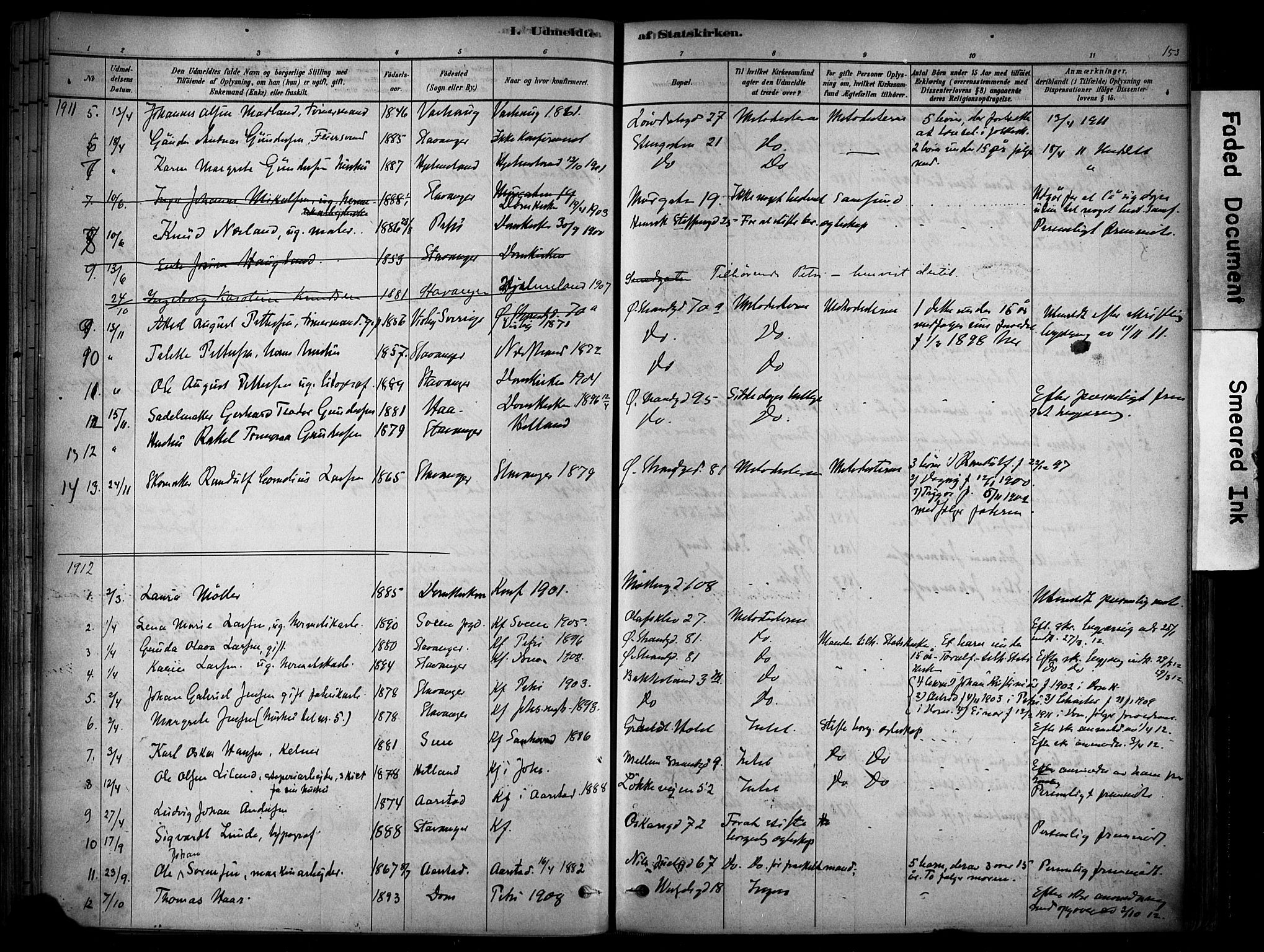 Domkirken sokneprestkontor, SAST/A-101812/001/30/30BA/L0025: Parish register (official) no. A 24, 1877-1927, p. 153