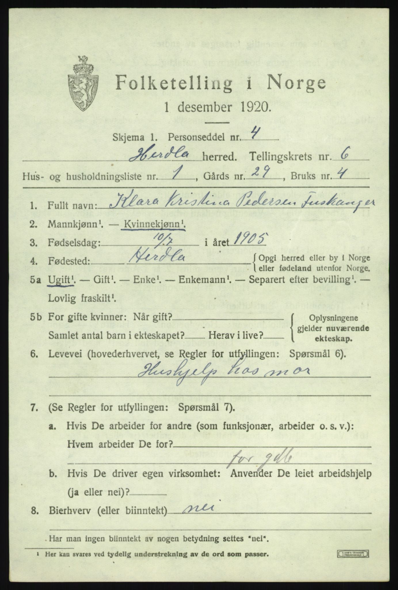 SAB, 1920 census for Herdla, 1920, p. 4365