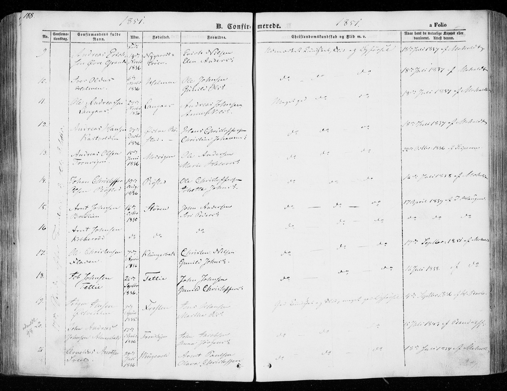 Ministerialprotokoller, klokkerbøker og fødselsregistre - Nord-Trøndelag, SAT/A-1458/701/L0007: Parish register (official) no. 701A07 /1, 1842-1854, p. 188