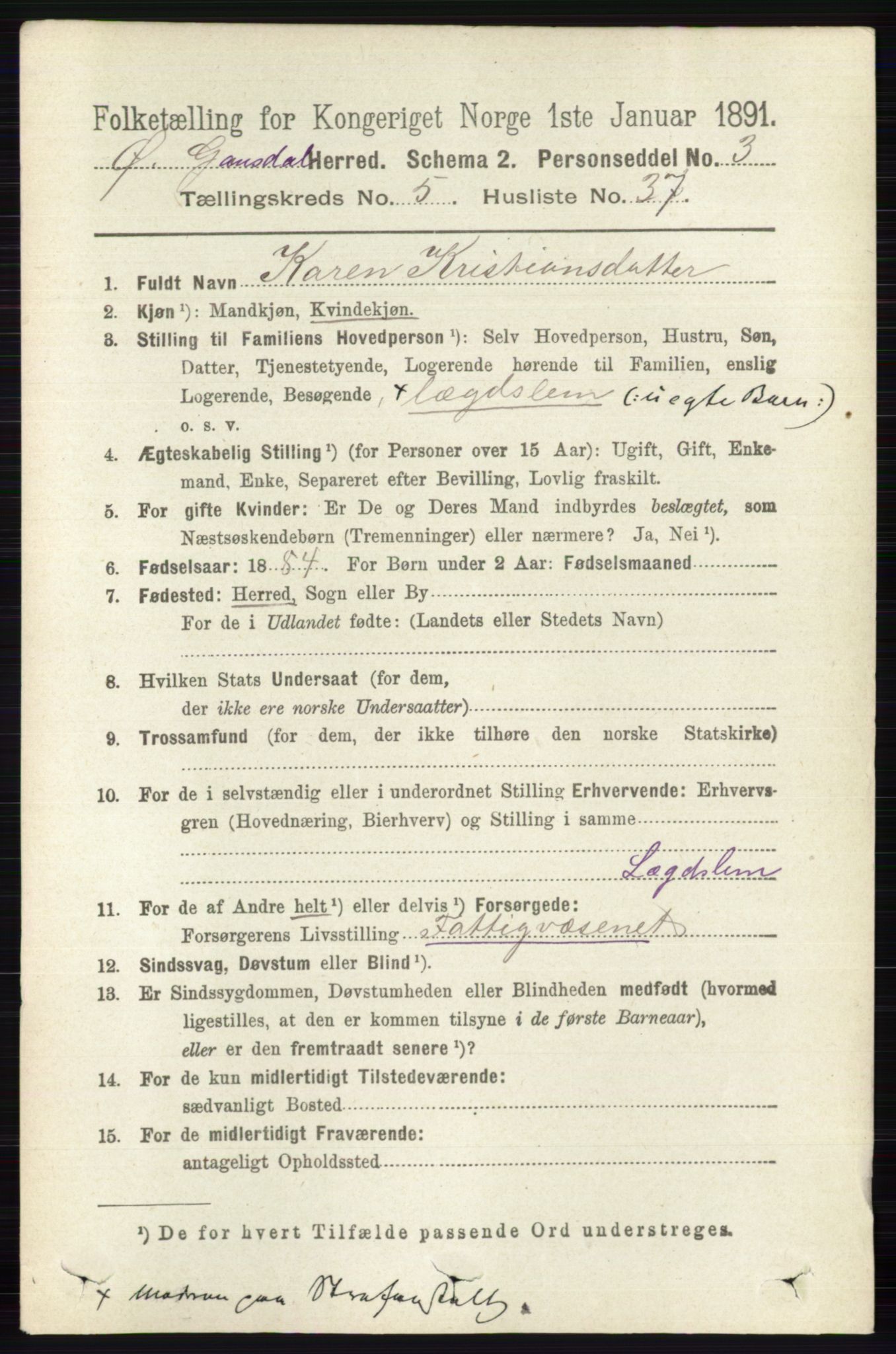 RA, 1891 census for 0522 Østre Gausdal, 1891, p. 3179