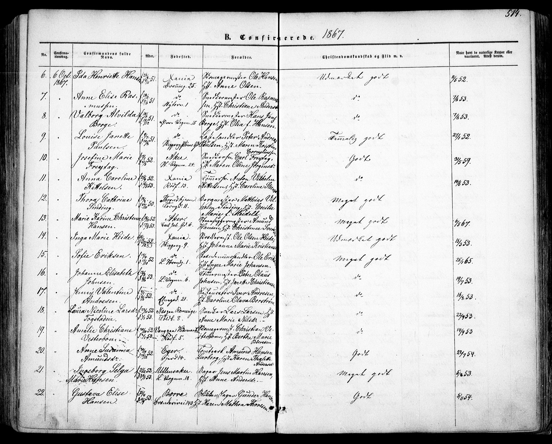 Oslo domkirke Kirkebøker, SAO/A-10752/F/Fa/L0015: Parish register (official) no. 15, 1857-1871, p. 514