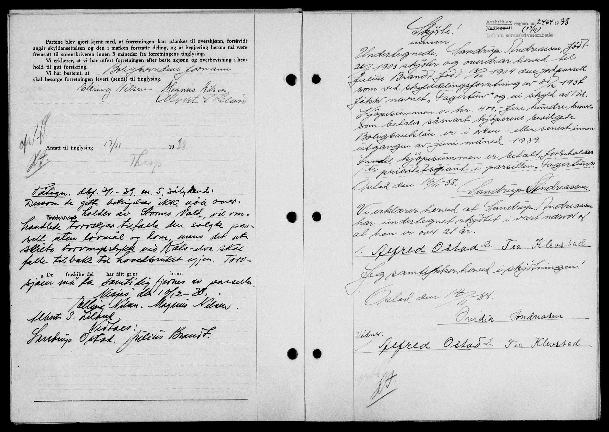 Lofoten sorenskriveri, SAT/A-0017/1/2/2C/L0004a: Mortgage book no. 4a, 1938-1938, Diary no: : 2464/1938