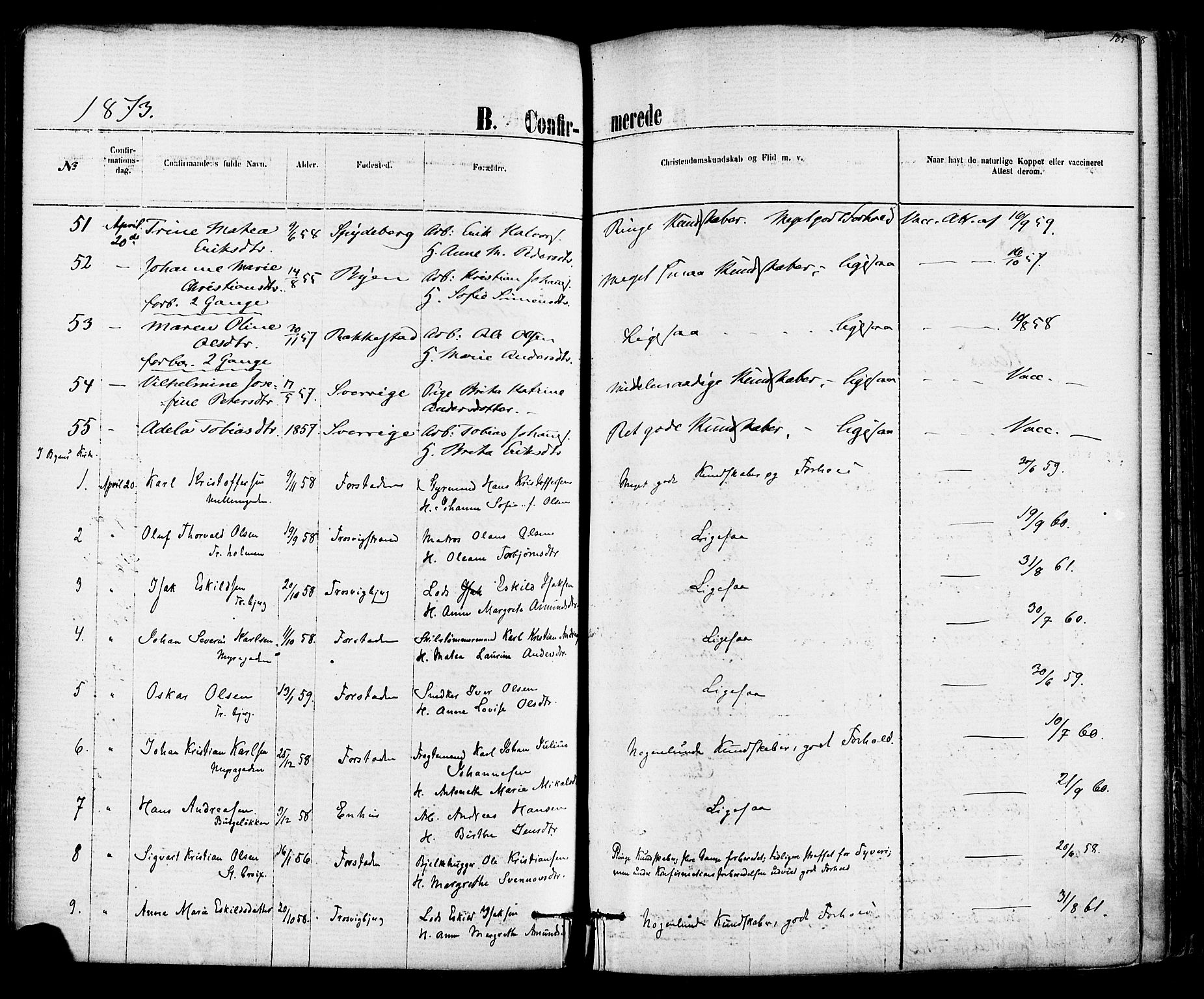 Fredrikstad domkirkes prestekontor Kirkebøker, SAO/A-10906/F/Fa/L0001: Parish register (official) no. 1, 1871-1878, p. 185