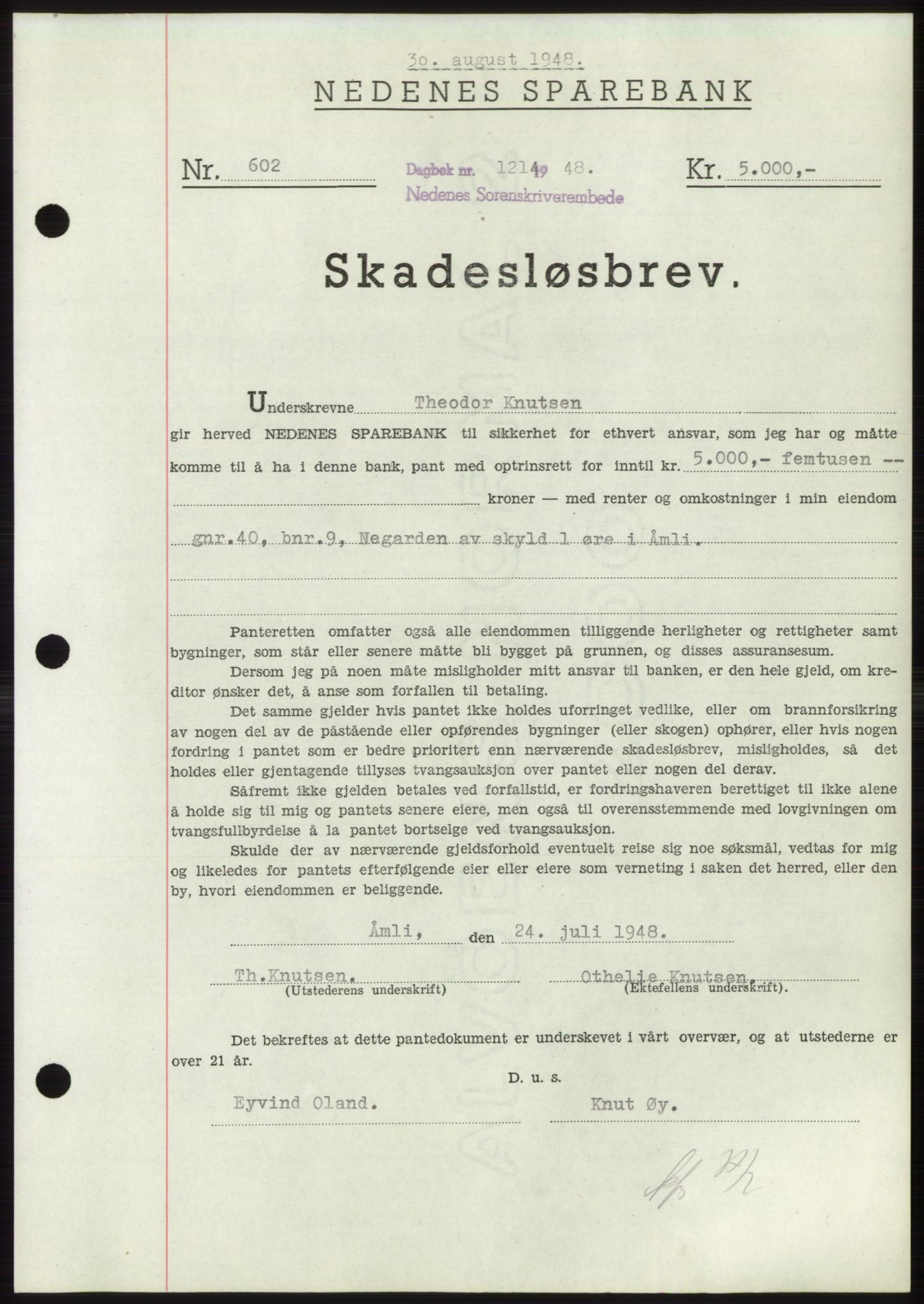 Nedenes sorenskriveri, AV/SAK-1221-0006/G/Gb/Gbb/L0005: Mortgage book no. B5, 1948-1948, Diary no: : 1214/1948