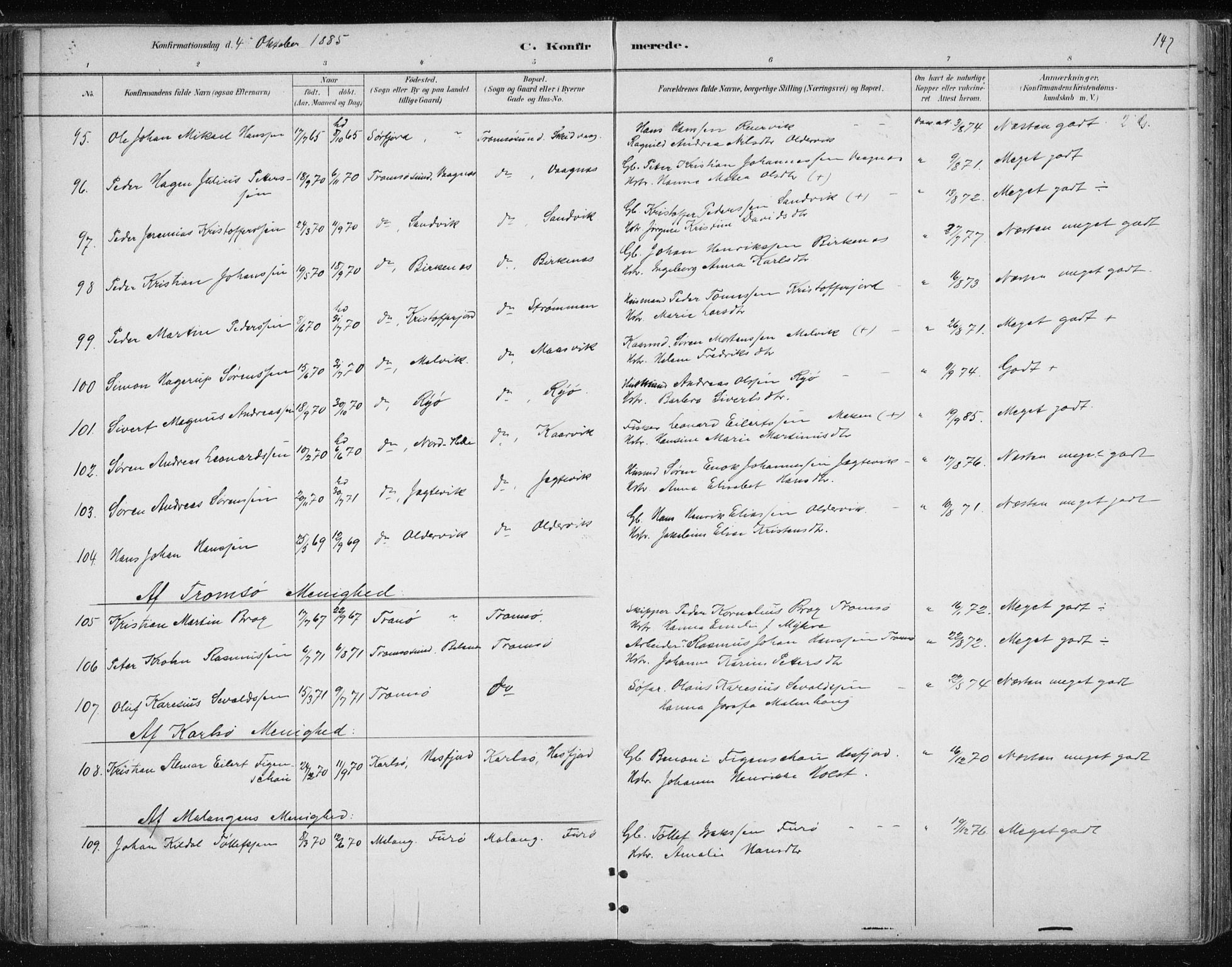 Tromsøysund sokneprestkontor, SATØ/S-1304/G/Ga/L0004kirke: Parish register (official) no. 4, 1880-1888, p. 147