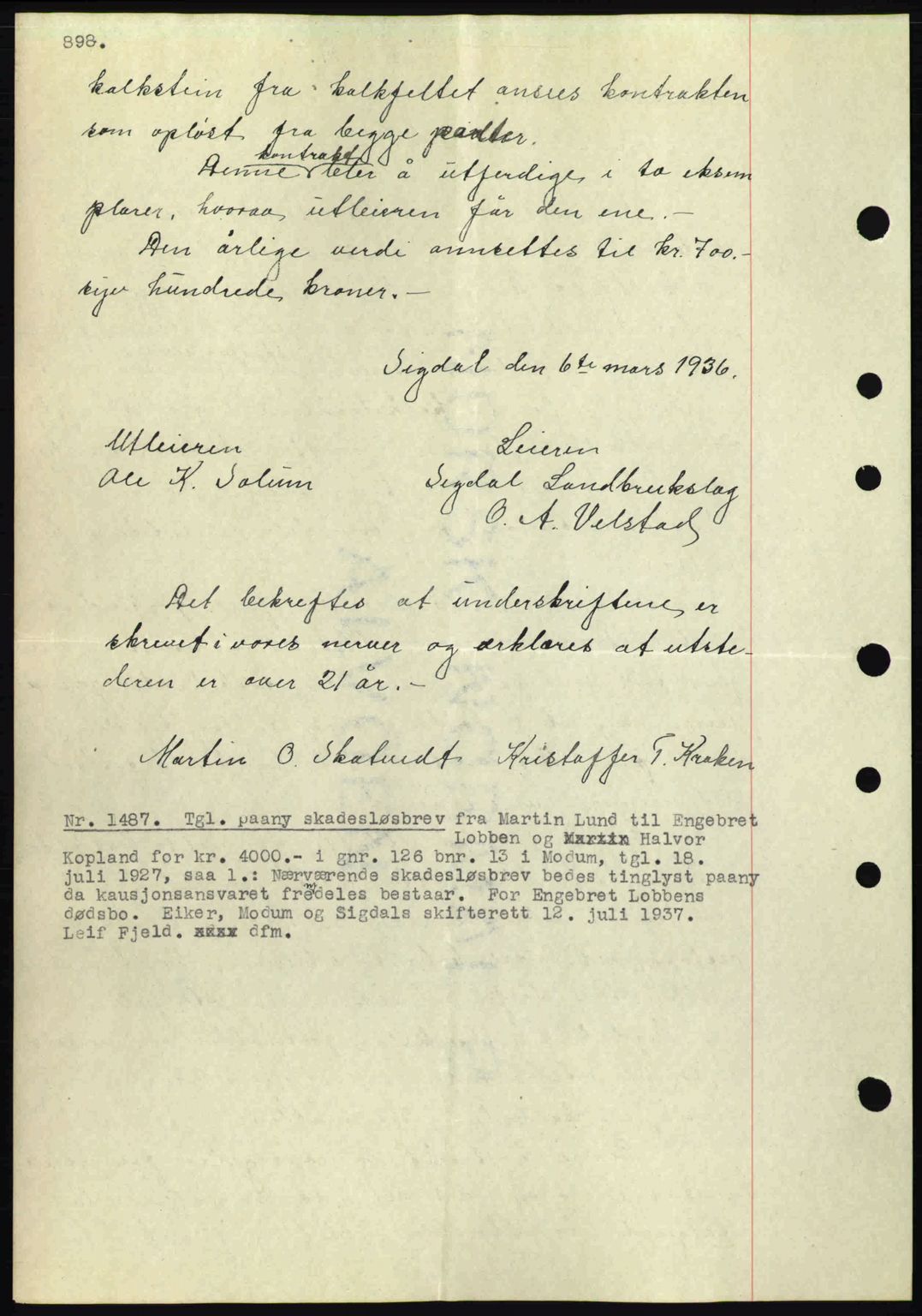 Eiker, Modum og Sigdal sorenskriveri, SAKO/A-123/G/Ga/Gab/L0035: Mortgage book no. A5, 1937-1937, Diary no: : 1487/1937