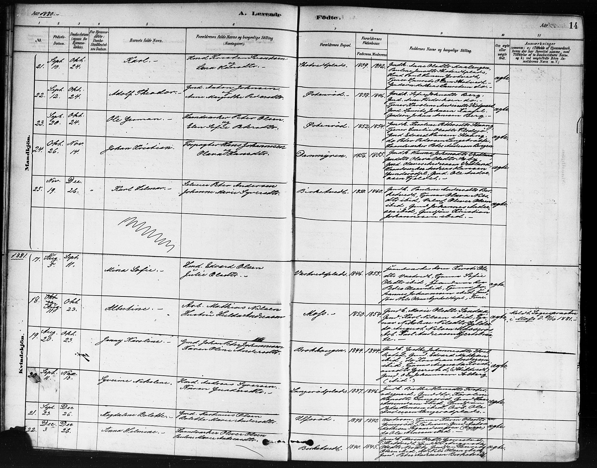 Våler prestekontor Kirkebøker, SAO/A-11083/F/Fb/L0001: Parish register (official) no. II 1, 1878-1896, p. 14