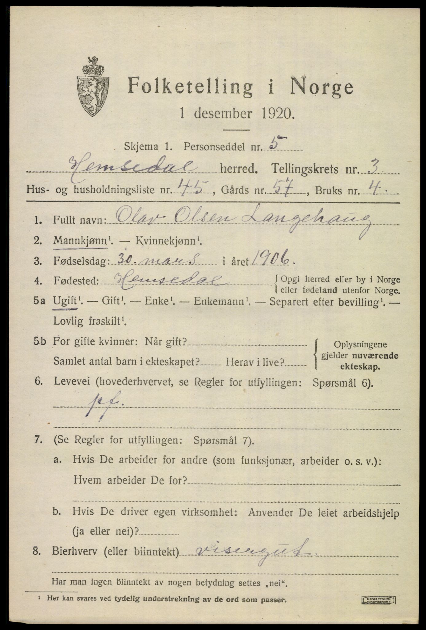 SAKO, 1920 census for Hemsedal, 1920, p. 1450