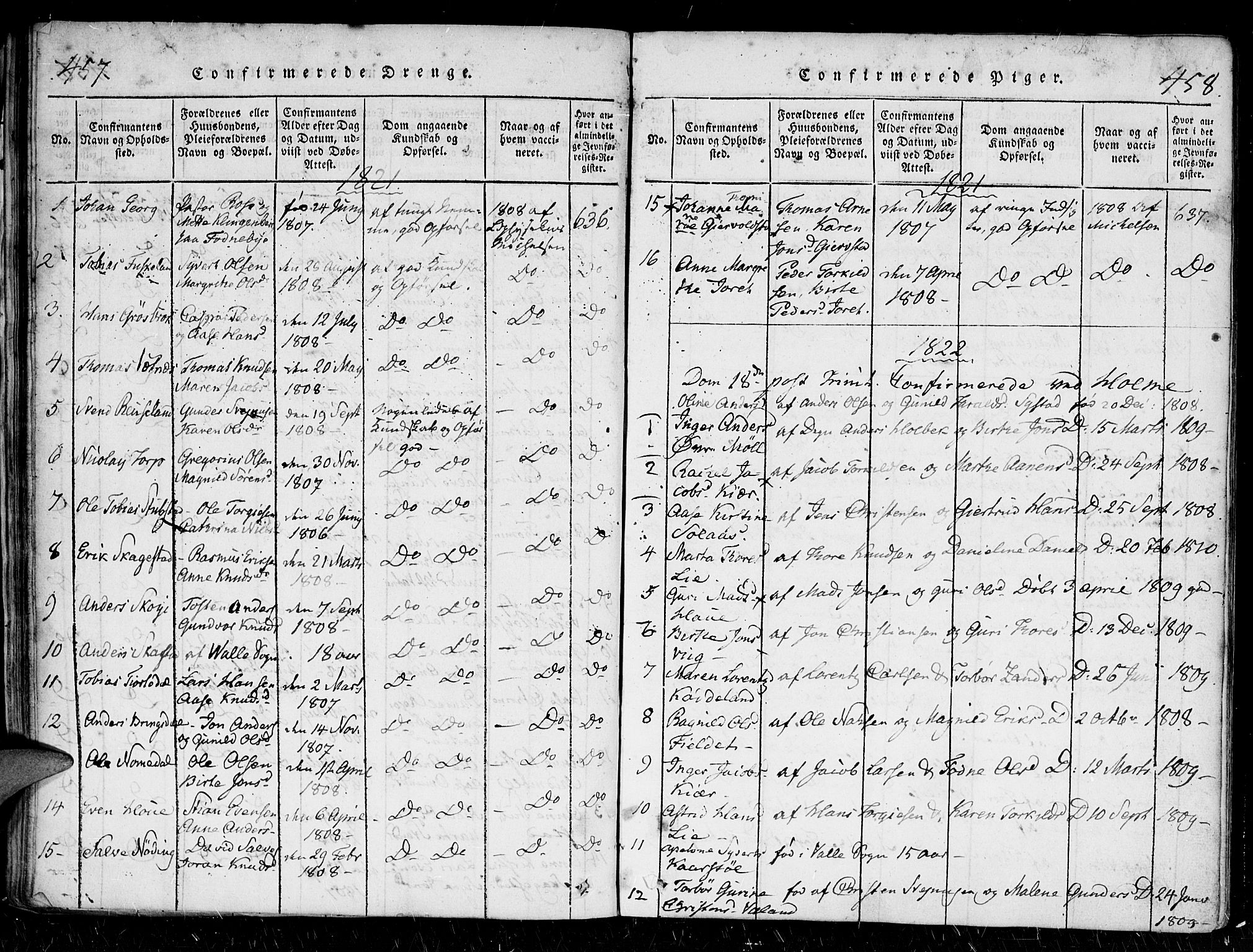 Holum sokneprestkontor, AV/SAK-1111-0022/F/Fa/Faa/L0004: Parish register (official) no. A 4, 1820-1849, p. 457-458