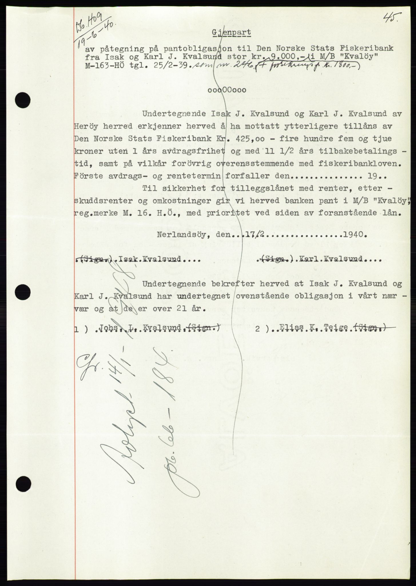 Søre Sunnmøre sorenskriveri, AV/SAT-A-4122/1/2/2C/L0070: Mortgage book no. 64, 1940-1941, Diary no: : 409/1940