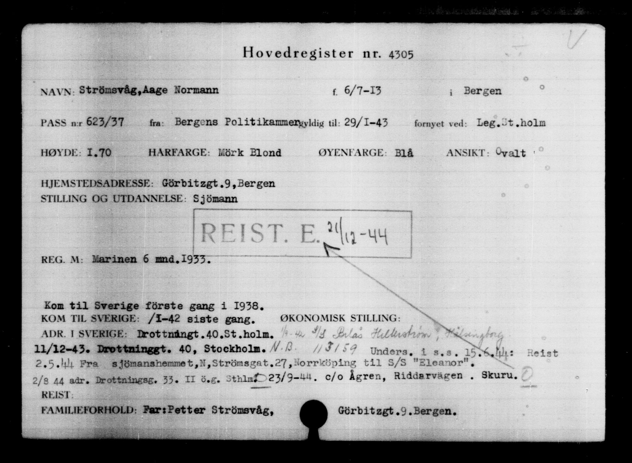 Utenriksstasjonene, Legasjonen i Stockholm, Flyktningkontoret, AV/RA-S-6753/V/Va/L0004: Kjesäterkartoteket, flyktninger med registreringsnr. 3496-6610, 1940-1945, p. 983