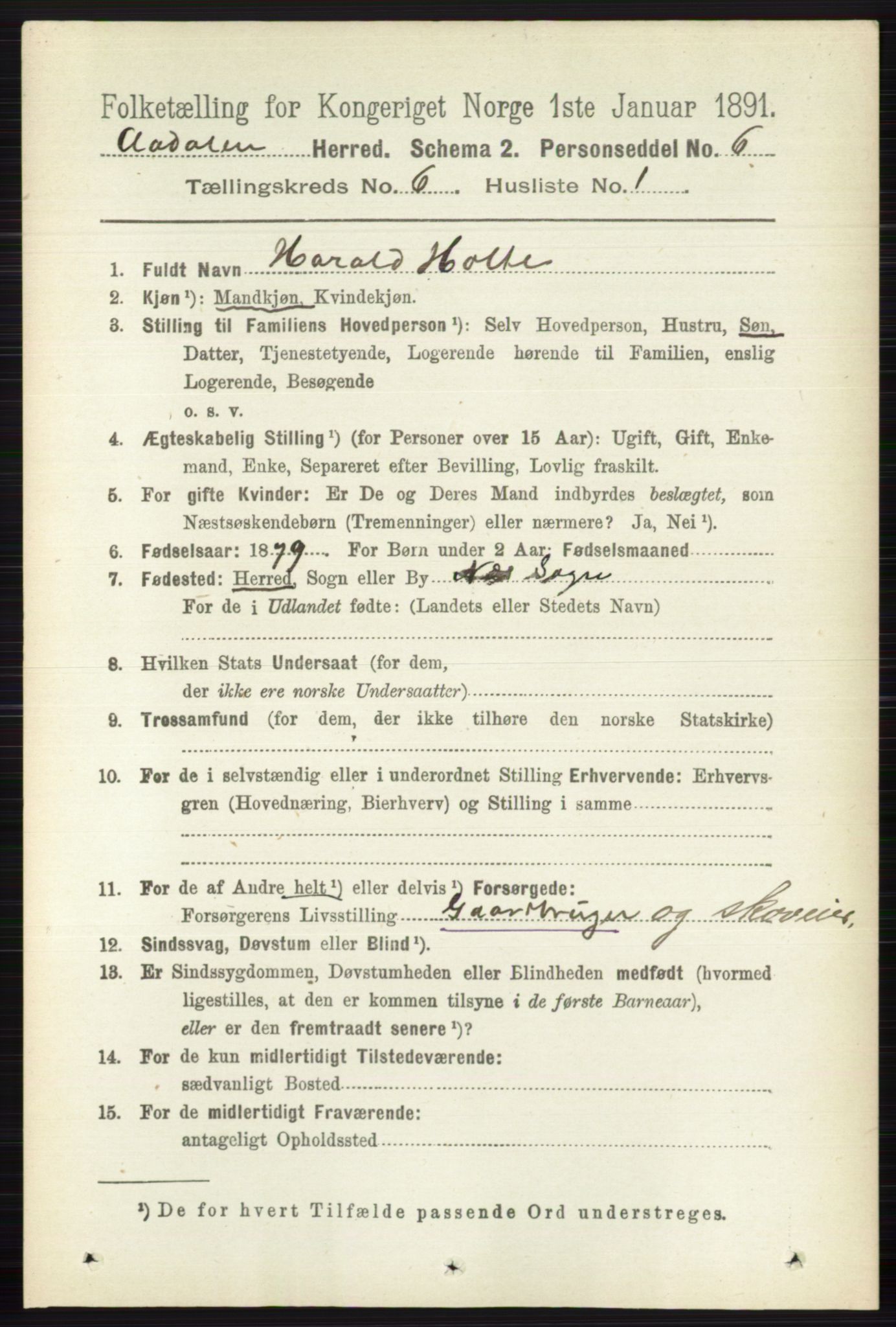 RA, 1891 census for 0614 Ådal, 1891, p. 2612