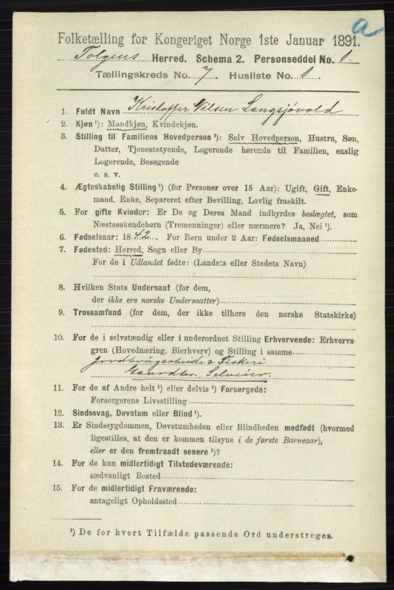 RA, 1891 census for 0436 Tolga, 1891, p. 2023