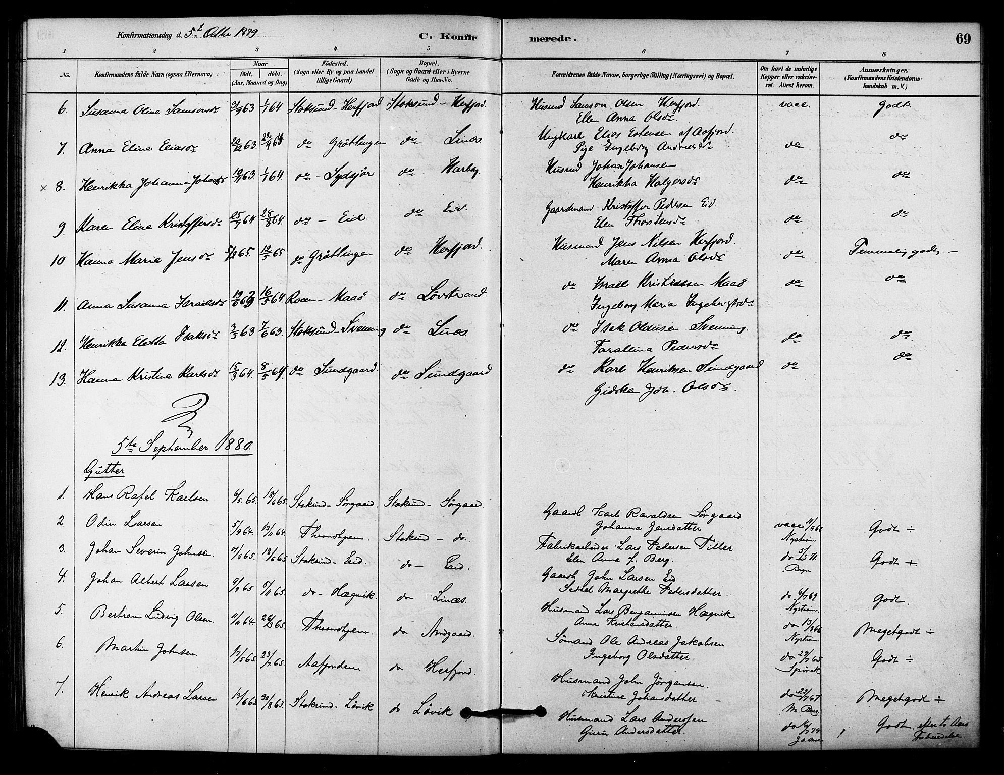 Ministerialprotokoller, klokkerbøker og fødselsregistre - Sør-Trøndelag, AV/SAT-A-1456/656/L0692: Parish register (official) no. 656A01, 1879-1893, p. 69