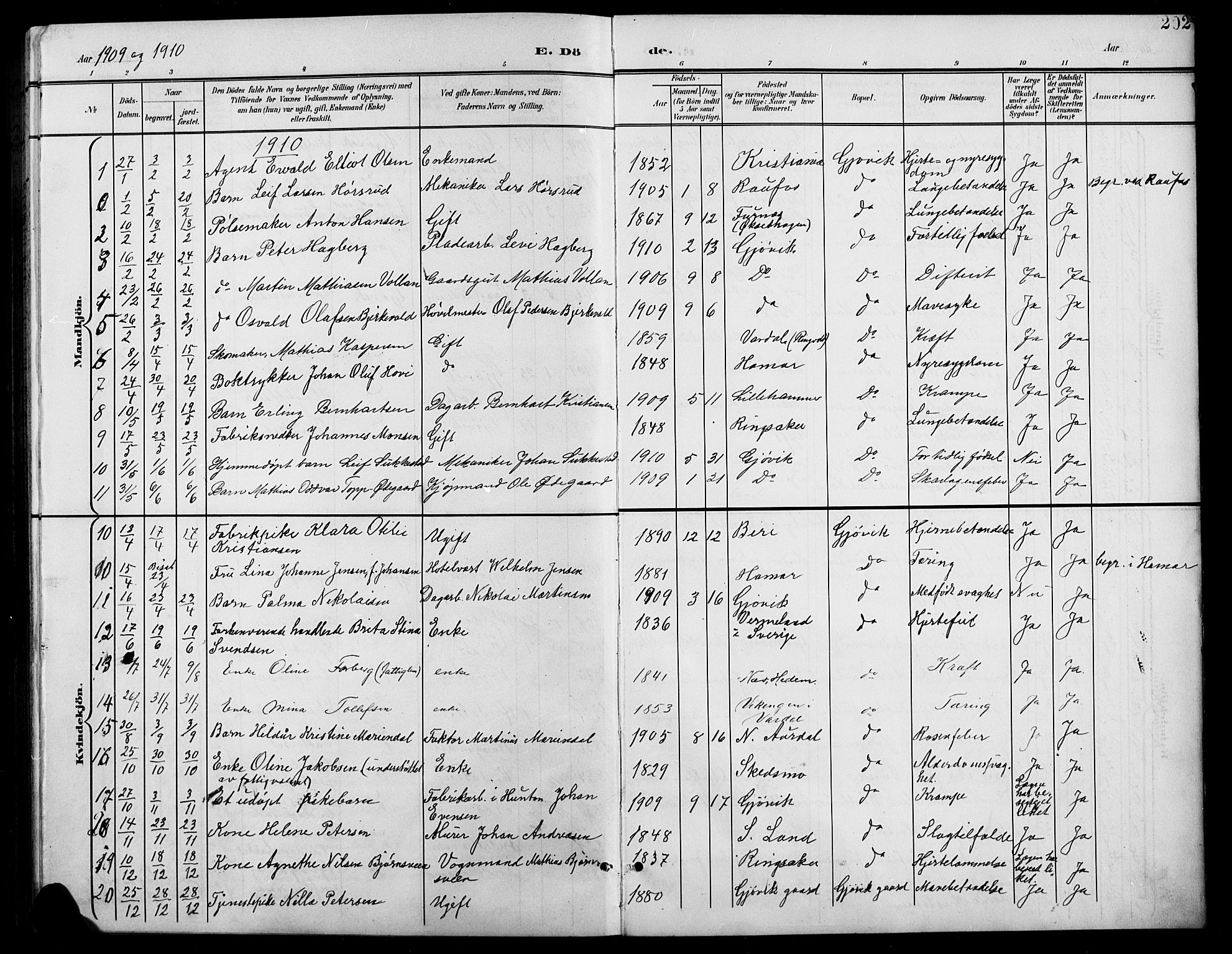 Vardal prestekontor, SAH/PREST-100/H/Ha/Hab/L0012: Parish register (copy) no. 12, 1902-1911, p. 202