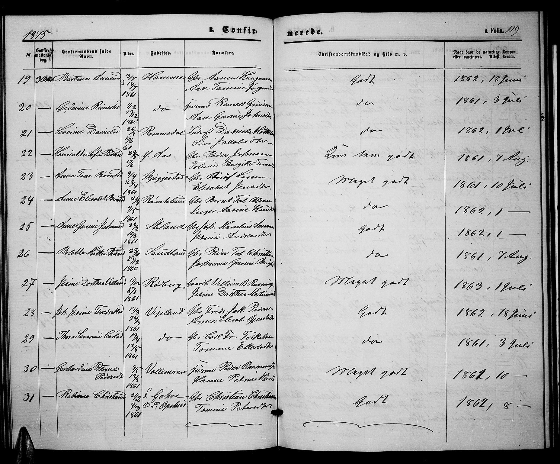 Sør-Audnedal sokneprestkontor, AV/SAK-1111-0039/F/Fb/Fbb/L0004: Parish register (copy) no. B 4, 1868-1879, p. 119