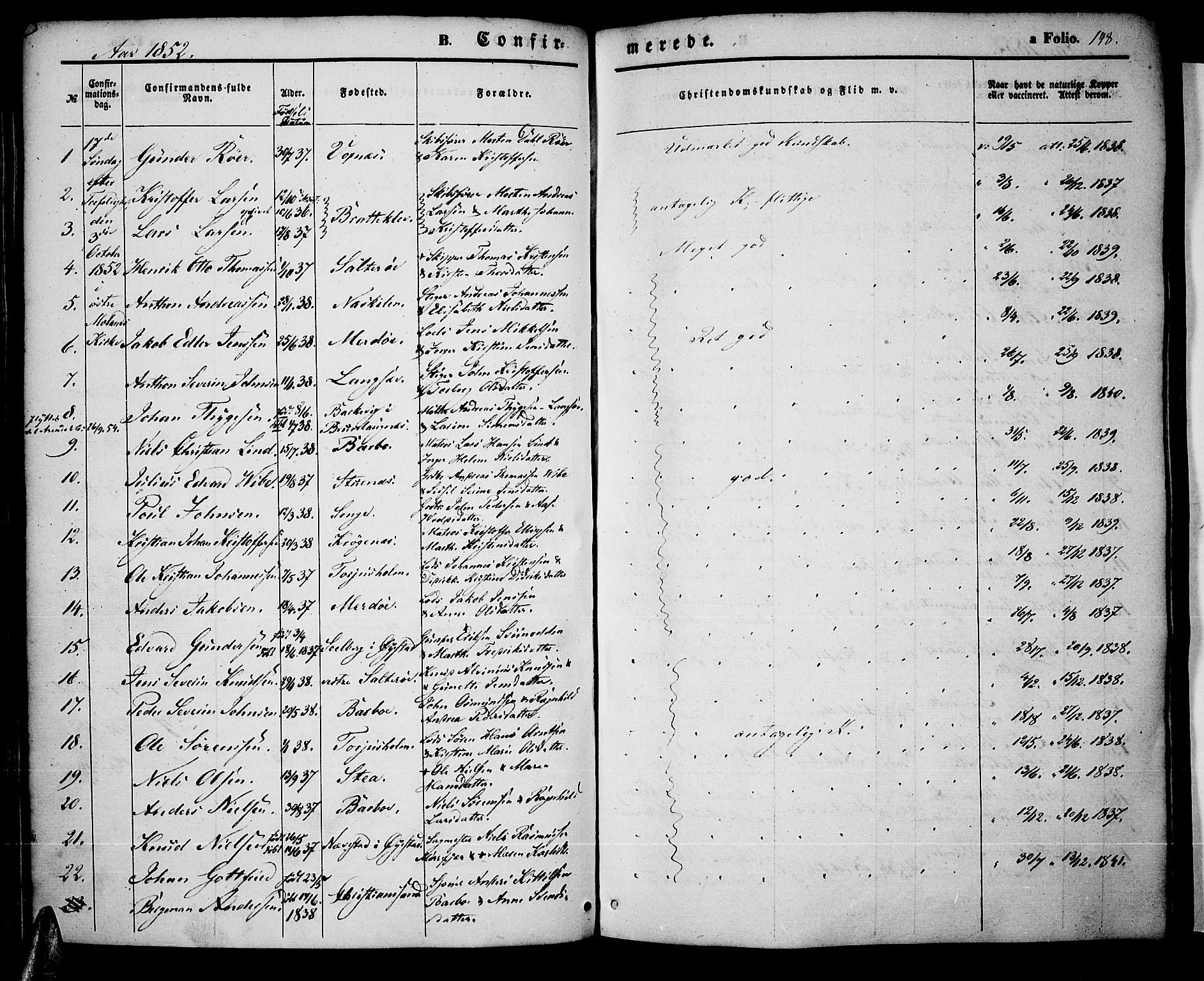 Tromøy sokneprestkontor, AV/SAK-1111-0041/F/Fa/L0005: Parish register (official) no. A 5, 1847-1856, p. 148