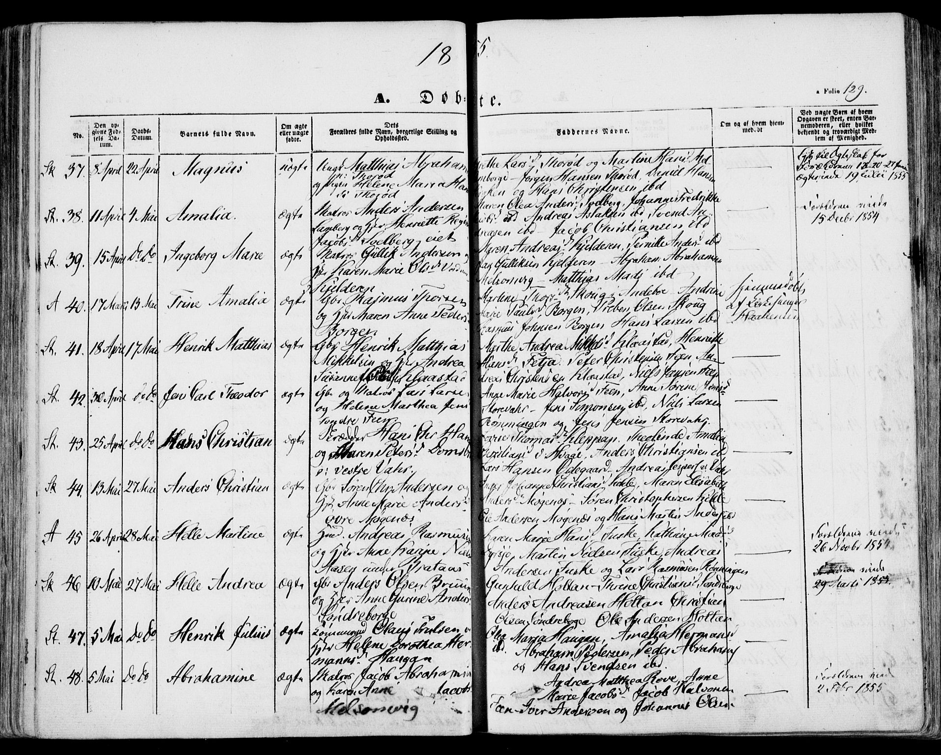 Stokke kirkebøker, AV/SAKO-A-320/F/Fa/L0007: Parish register (official) no. I 7, 1844-1857, p. 129