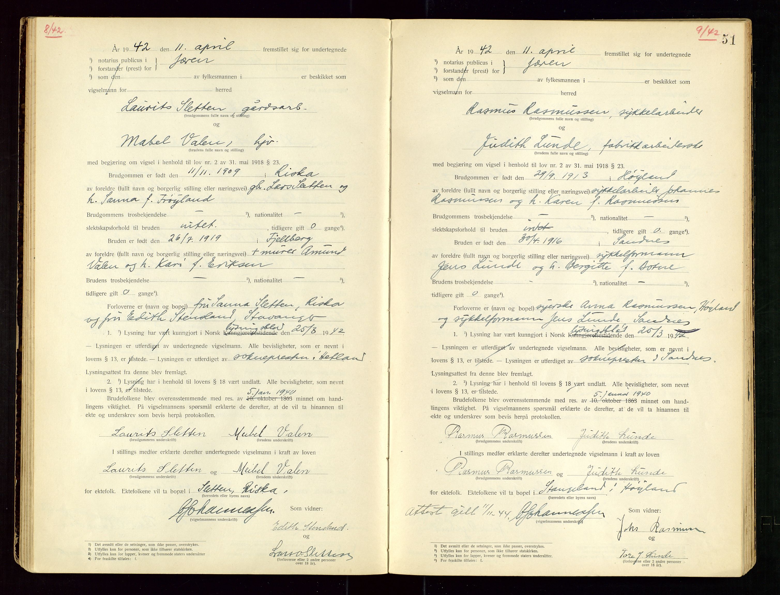 Jæren sorenskriveri, AV/SAST-A-100310/01/6/62/62BA/L0002: VIGSELSPROTOKOLL, 1937-1942, p. 51