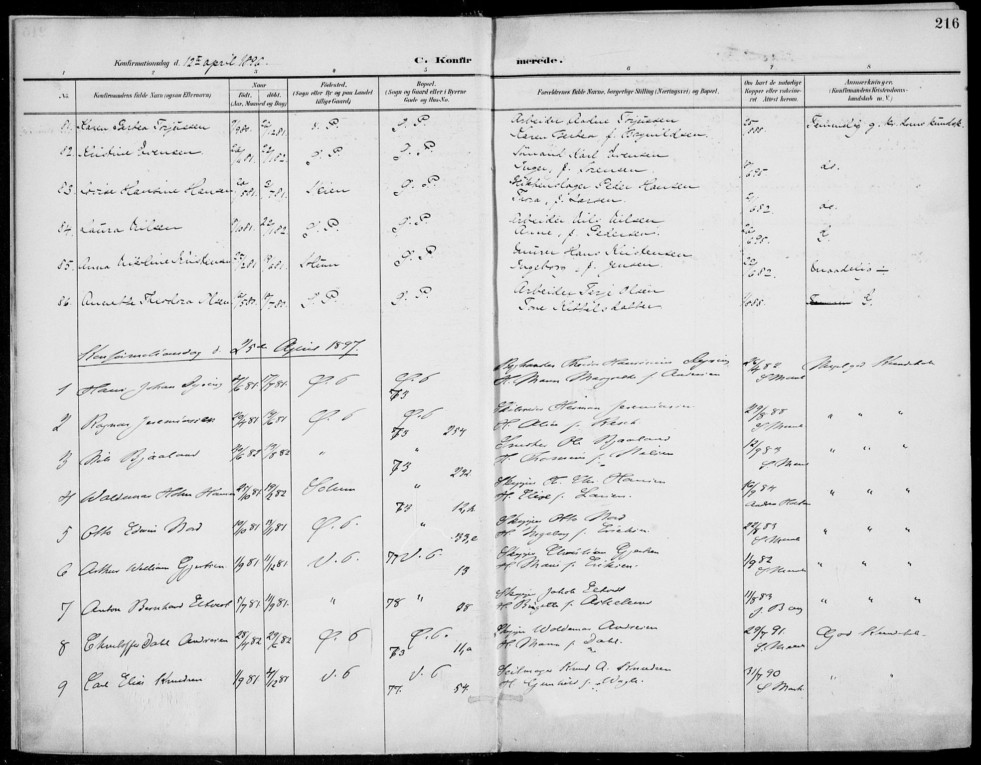 Porsgrunn kirkebøker , SAKO/A-104/F/Fa/L0011: Parish register (official) no. 11, 1895-1919, p. 216
