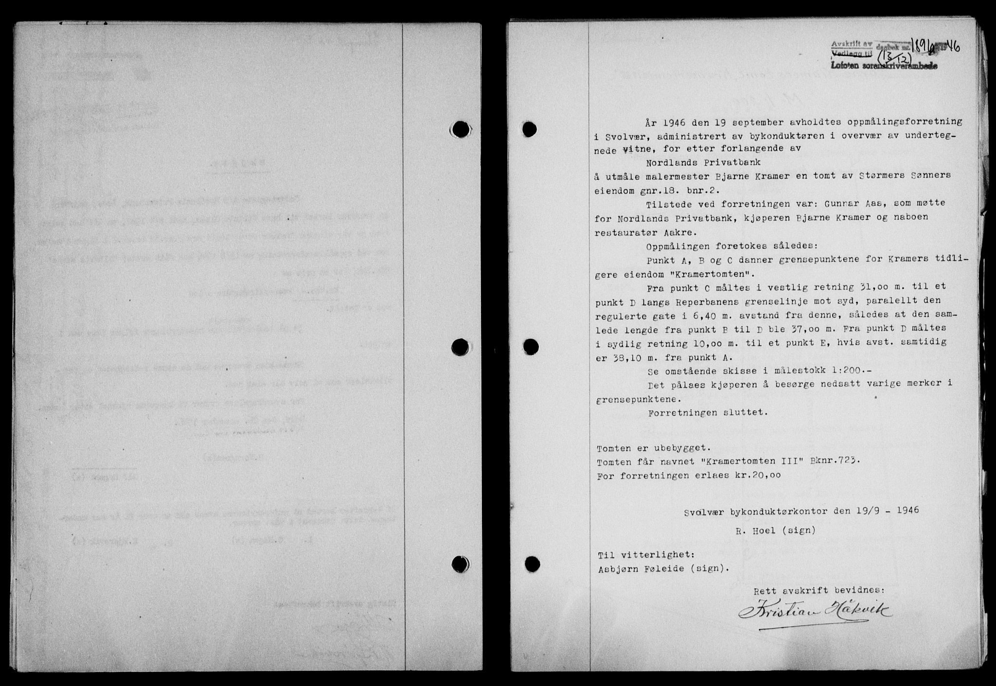 Lofoten sorenskriveri, SAT/A-0017/1/2/2C/L0015a: Mortgage book no. 15a, 1946-1947, Diary no: : 1896/1946