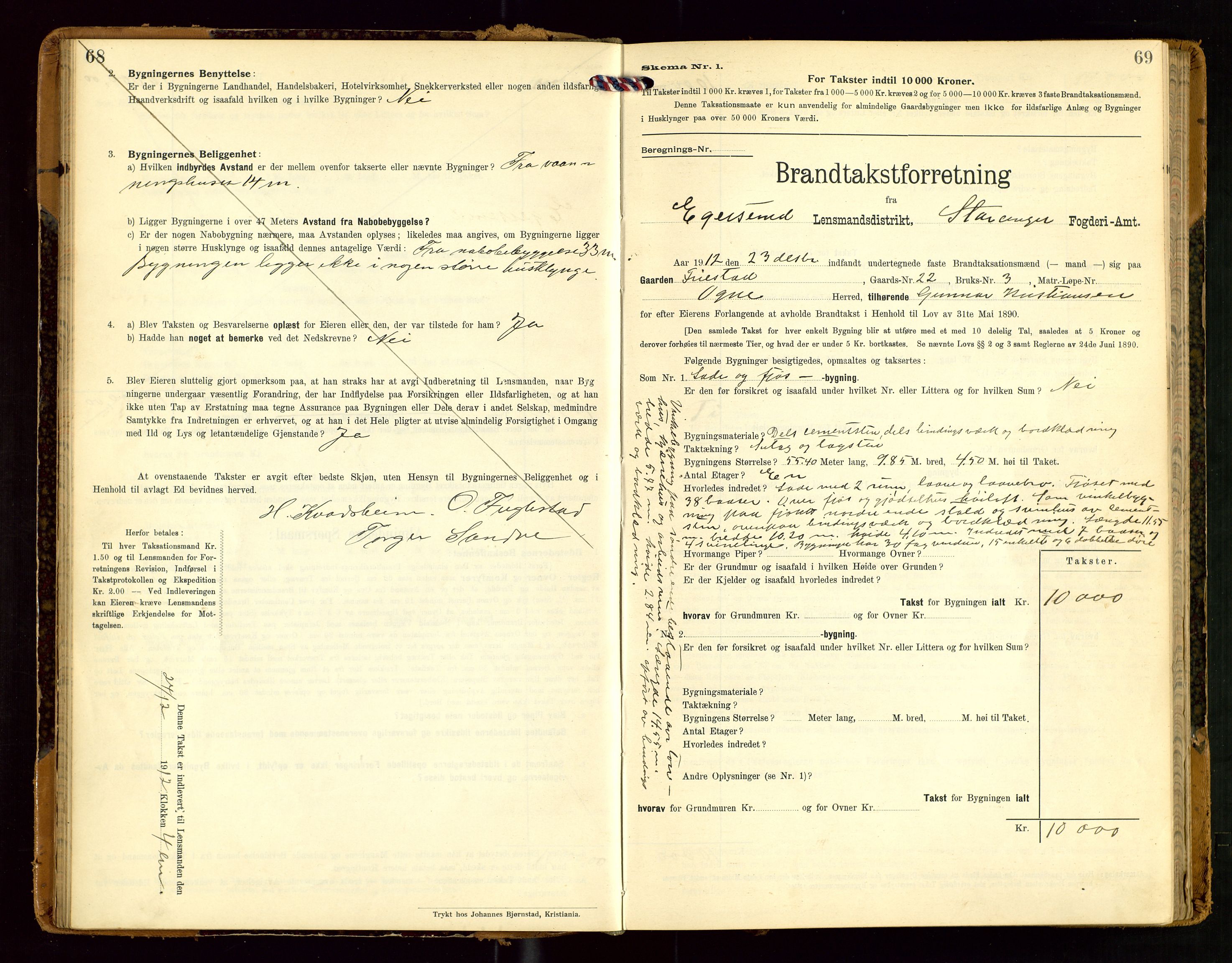 Eigersund lensmannskontor, SAST/A-100171/Gob/L0002: "Brandtakstprotokol", 1910-1916, p. 68-69